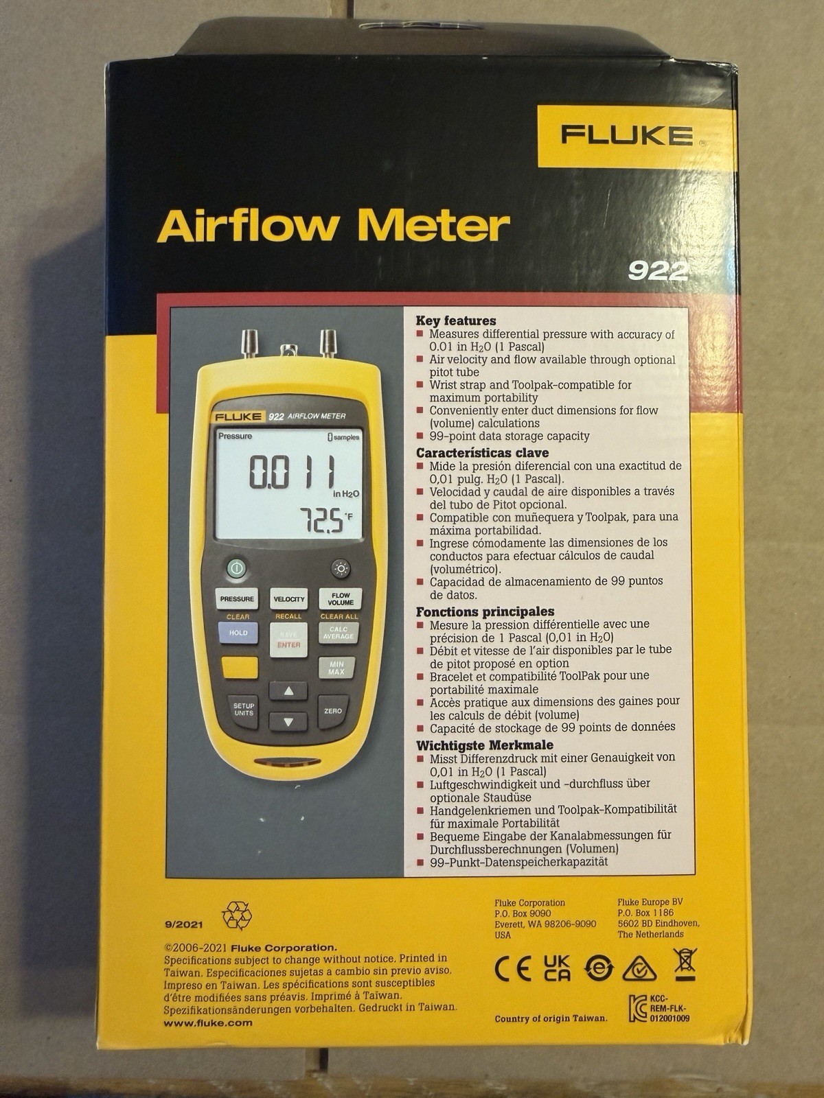 Fluke 922 Airflow Meter/Micromanometer Air Pressure Velocity Volume Temperature