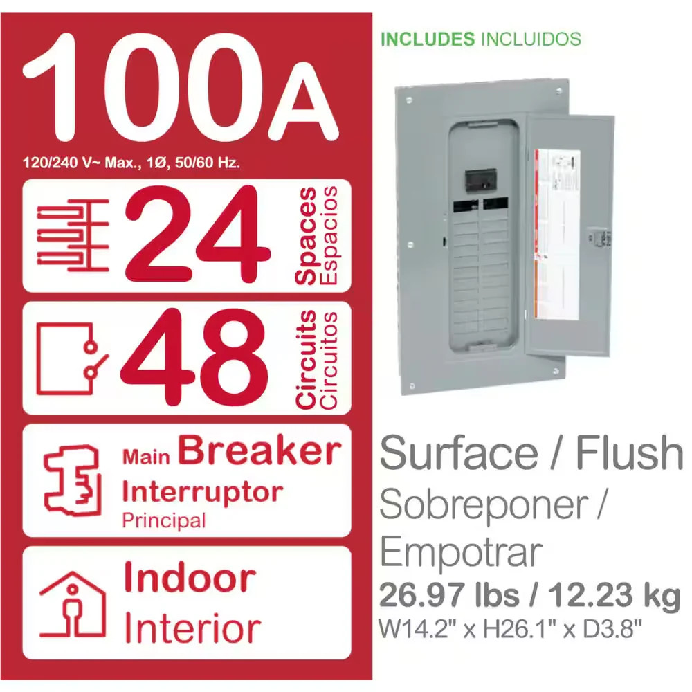 Square D 100 Amp 24-Space 48-Circuit Indoor Main Breaker Panel Box Load Center