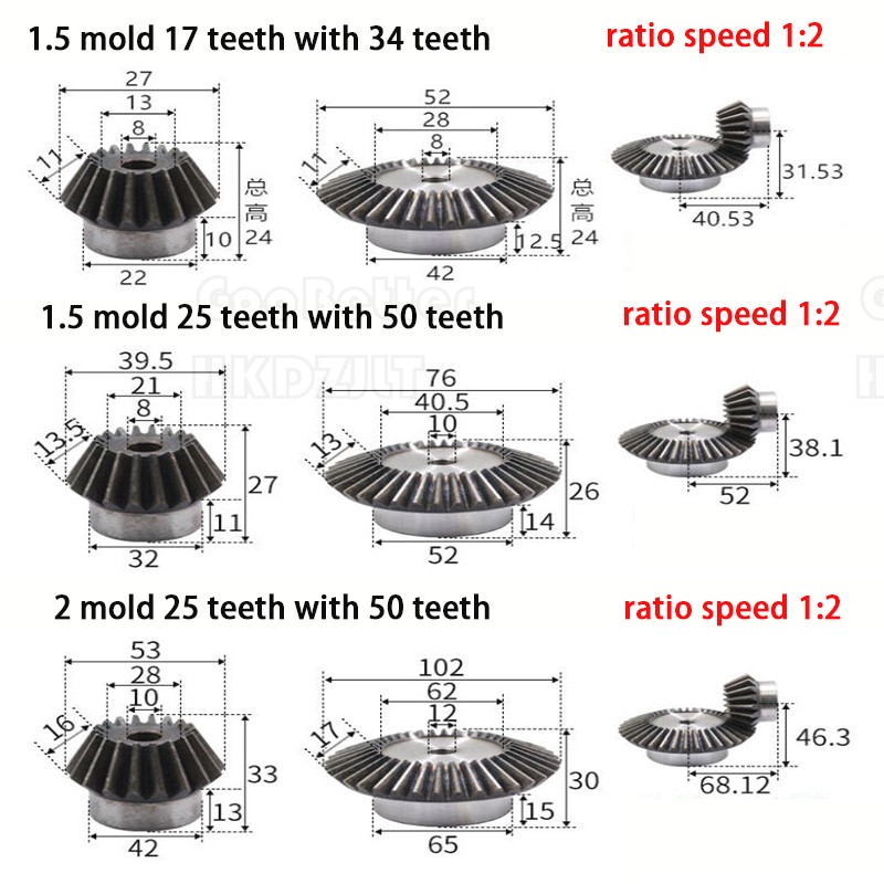 0.5/0.8/1/1.5 – 4 Mod Bevel Gear 10-70 Teeth Transmission Gears Bevel Teeth 90°