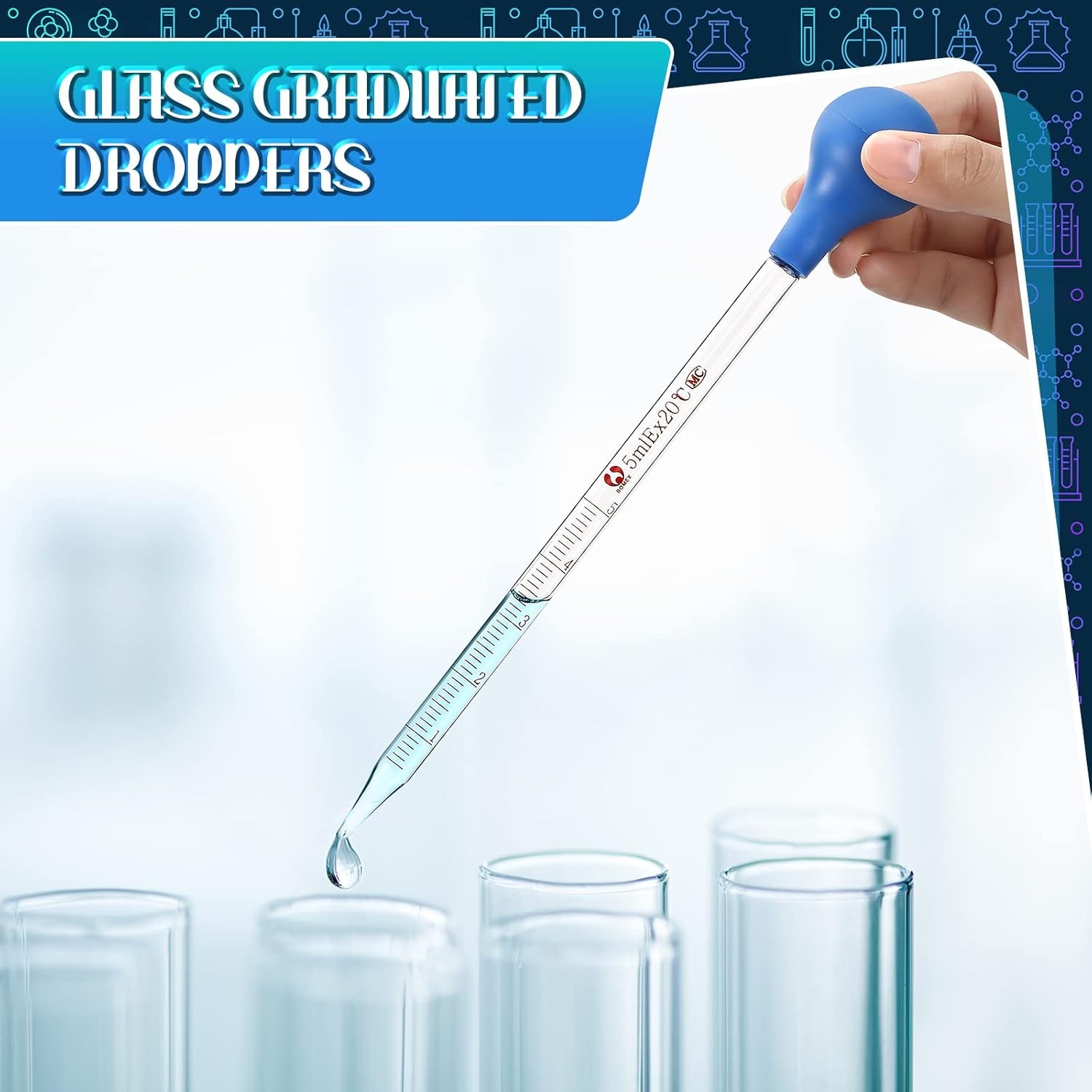 16 Pcs Glass Graduated Dropper 2 Pcs 0.5 ml to 10 ml +2Pcs 8″ Rod+Cleaning Brush