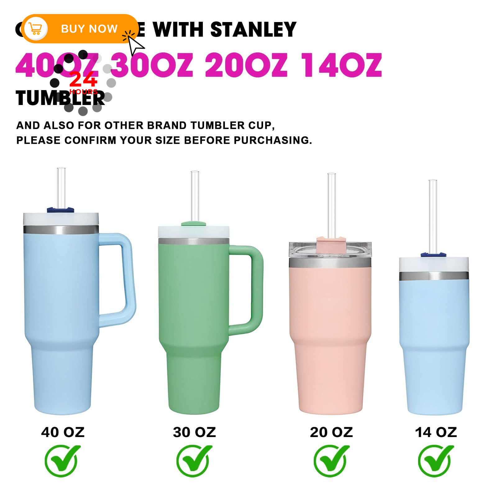 DISHWASHER SAFE Replacement Straws for For 30oz/40oz/64oz, Clear 10pcs
