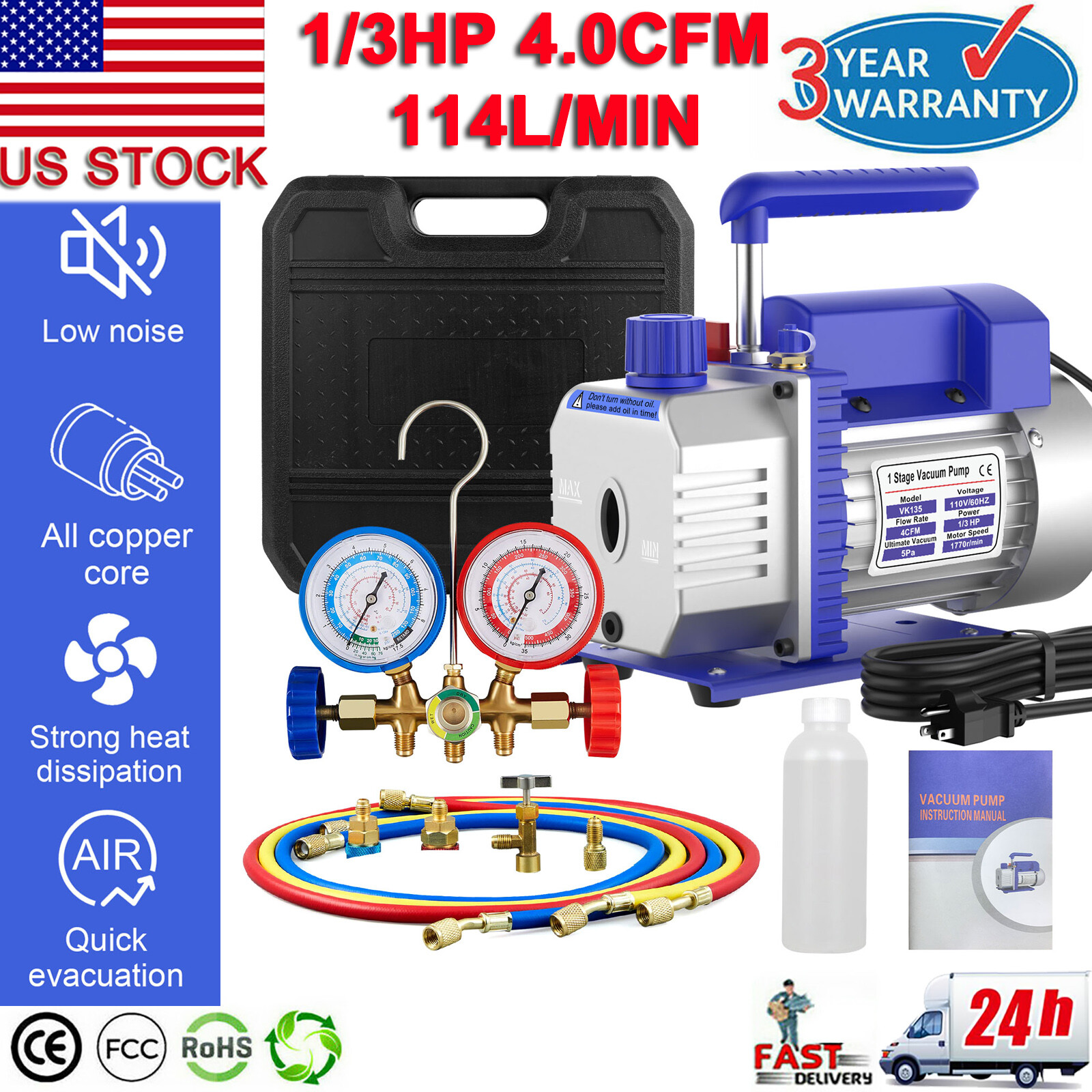 4CFM 1/3hp R134a Air Vacuum Pump HVAC Refrigeration AC Manifold Gauge Set Kit