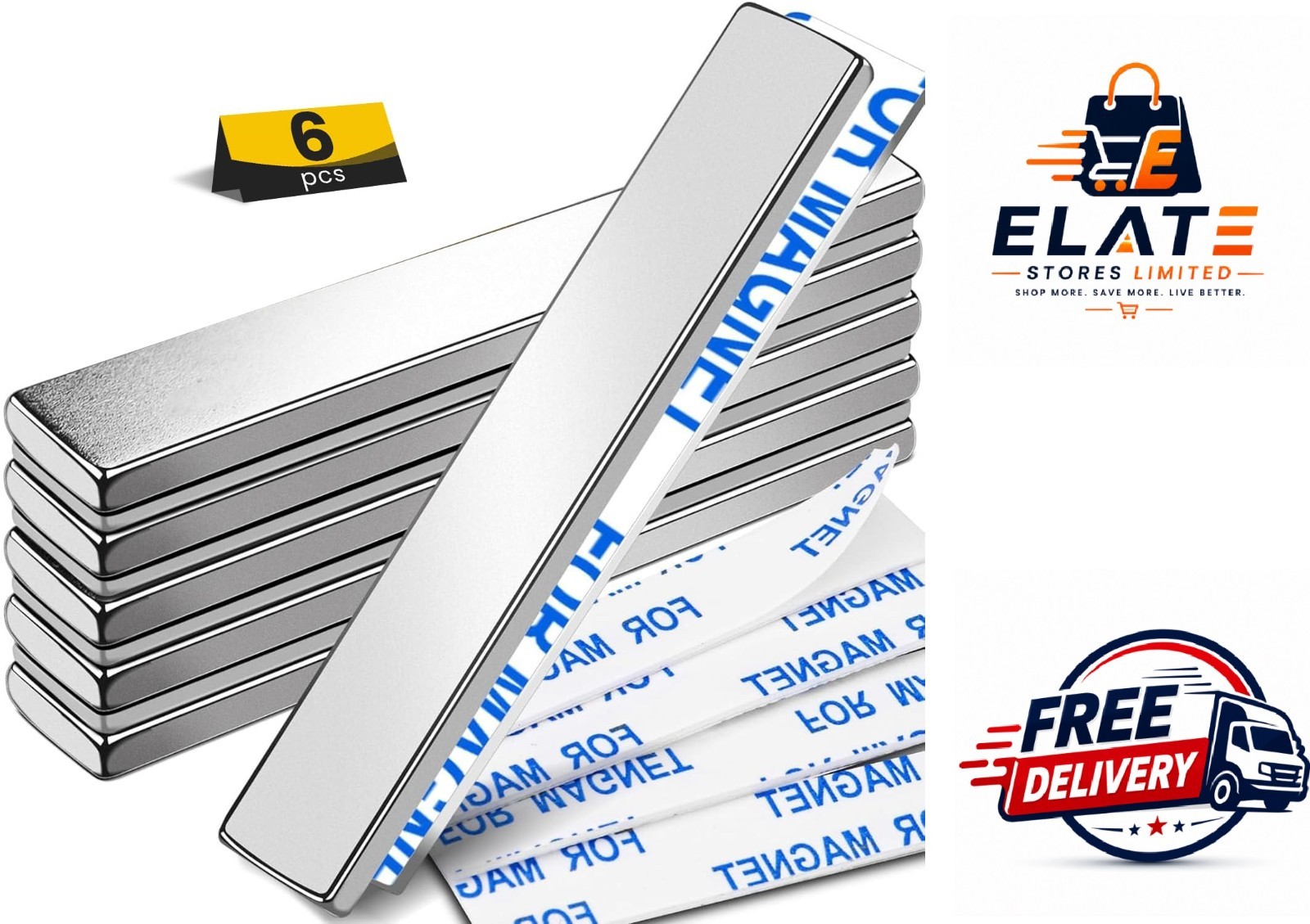 Strong Magnet Strips Heavy Duty – Rare Earth Magnets with Adhesive – Pack of 6