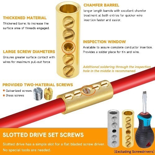 26 16 14 12 10 8 6 AWG Screw Sleeve Butt Splice Connectors Kit Brass Mechanical
