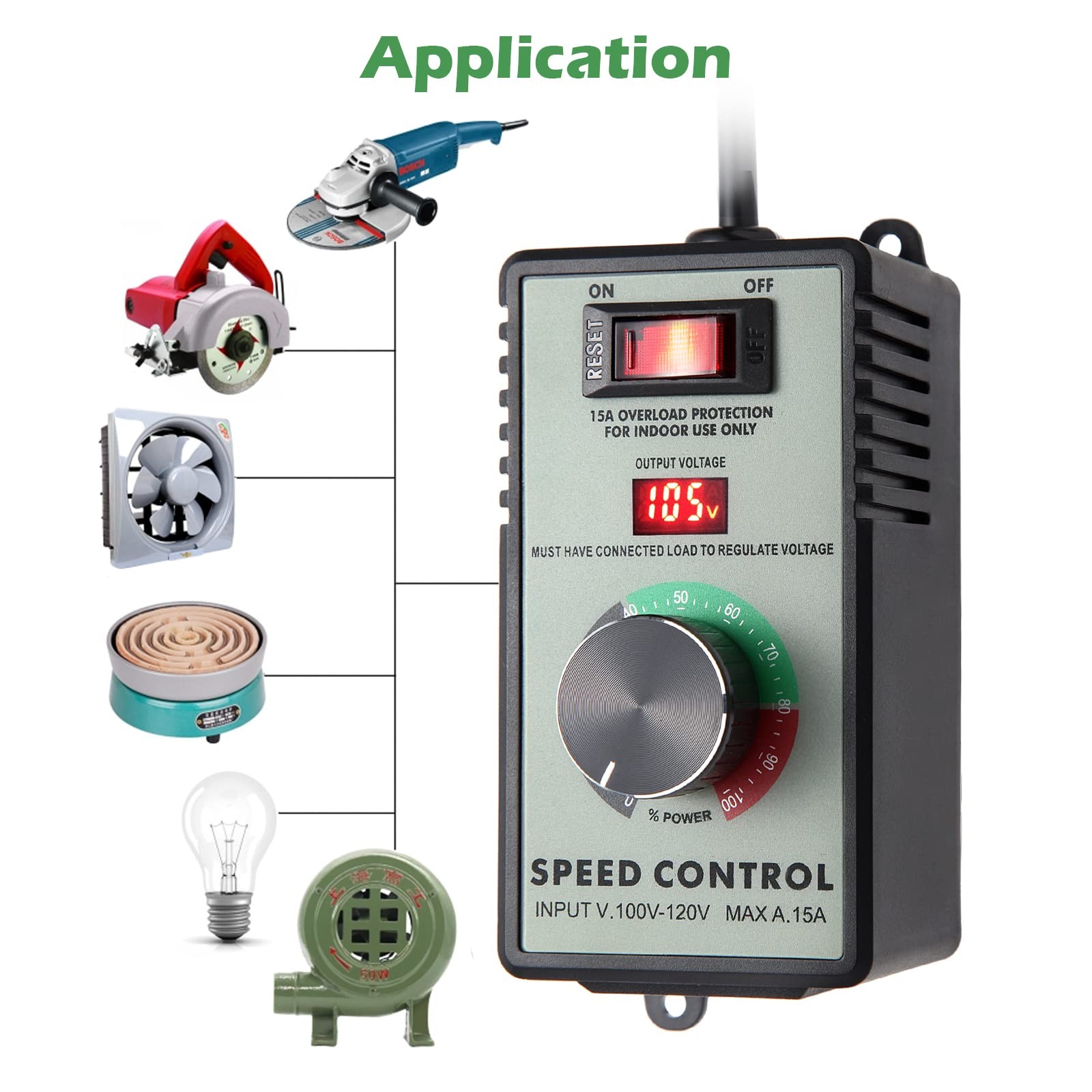 AC Motor Speed Controller 100-120V / 10A Rated / 15A Max Variable Fan Black