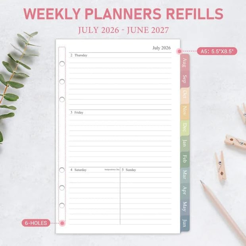 2026-2027 Weekly & Monthly Planner Refill for 6 Holes, A5 Medium Planner Inserts