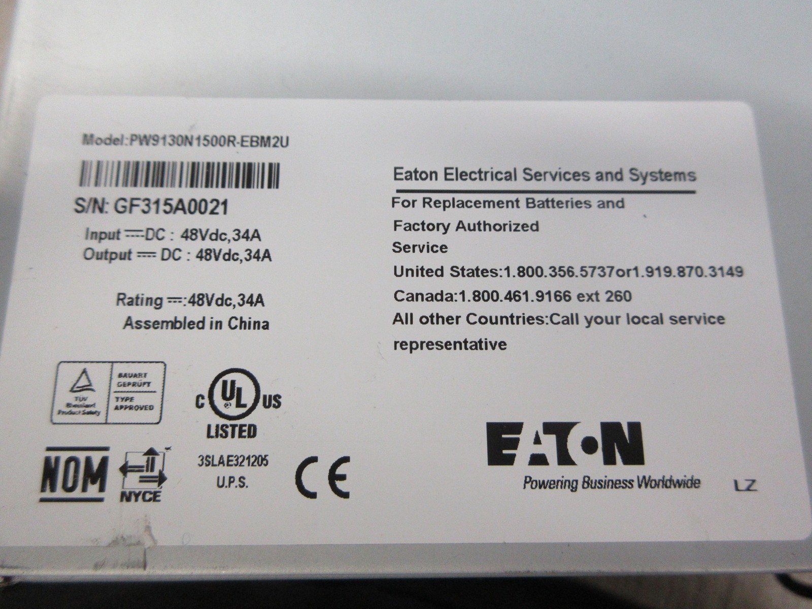 Eaton Powerware 9130 Extended Battery Module PW9130N1500R-EBM2U 48VDC 34A Used