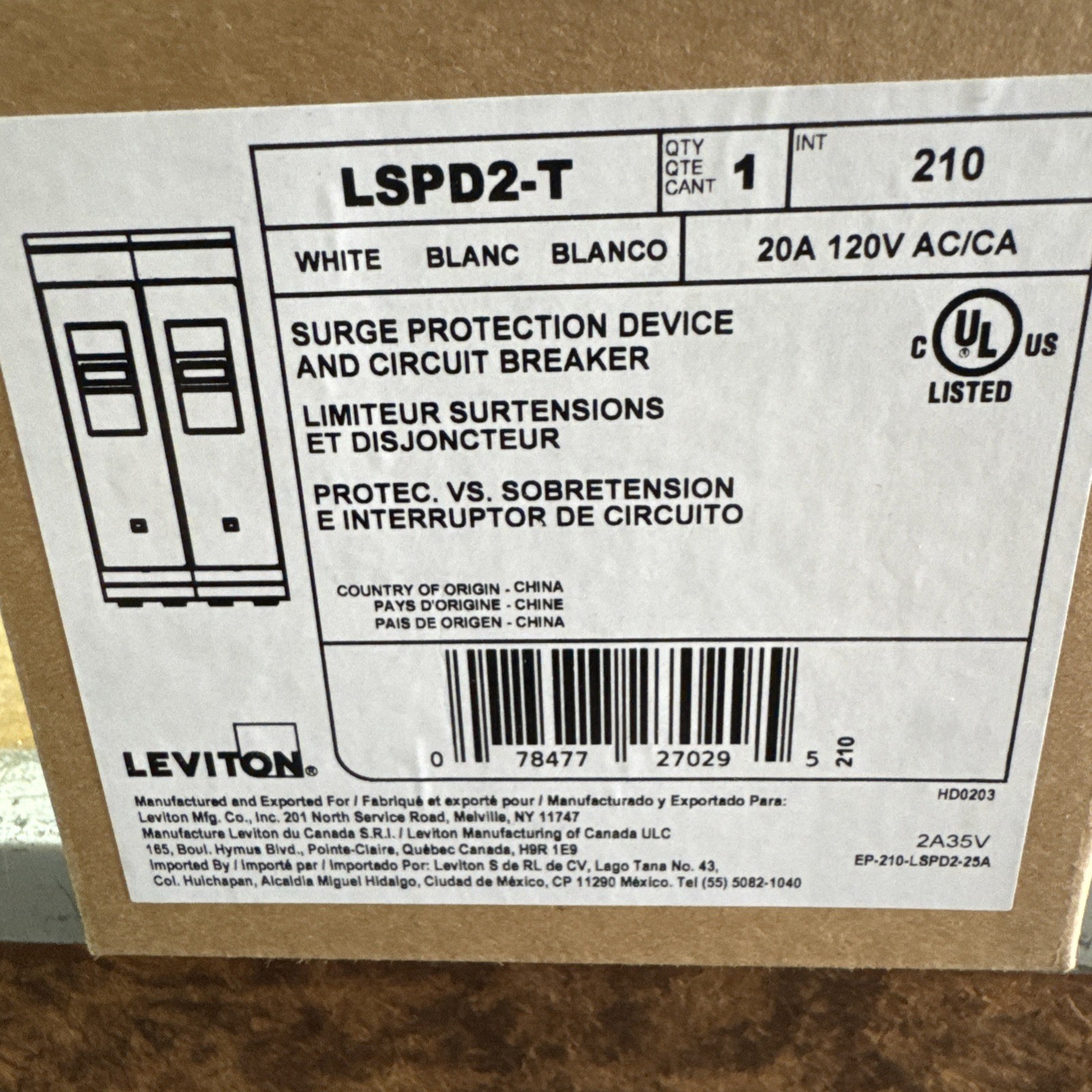 Leviton LSPD2-T Surge Protection Device & Circuit Breaker 20A 120V AC/CA NEW
