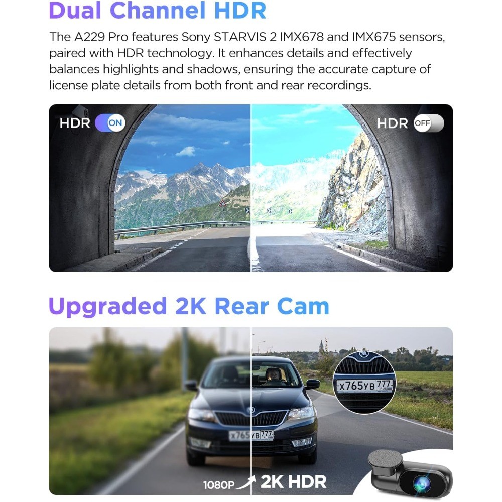VIOFO A229 Pro 4K HDR Dash Cam, 4K+2K Front & Rear Dual-Channel Recording