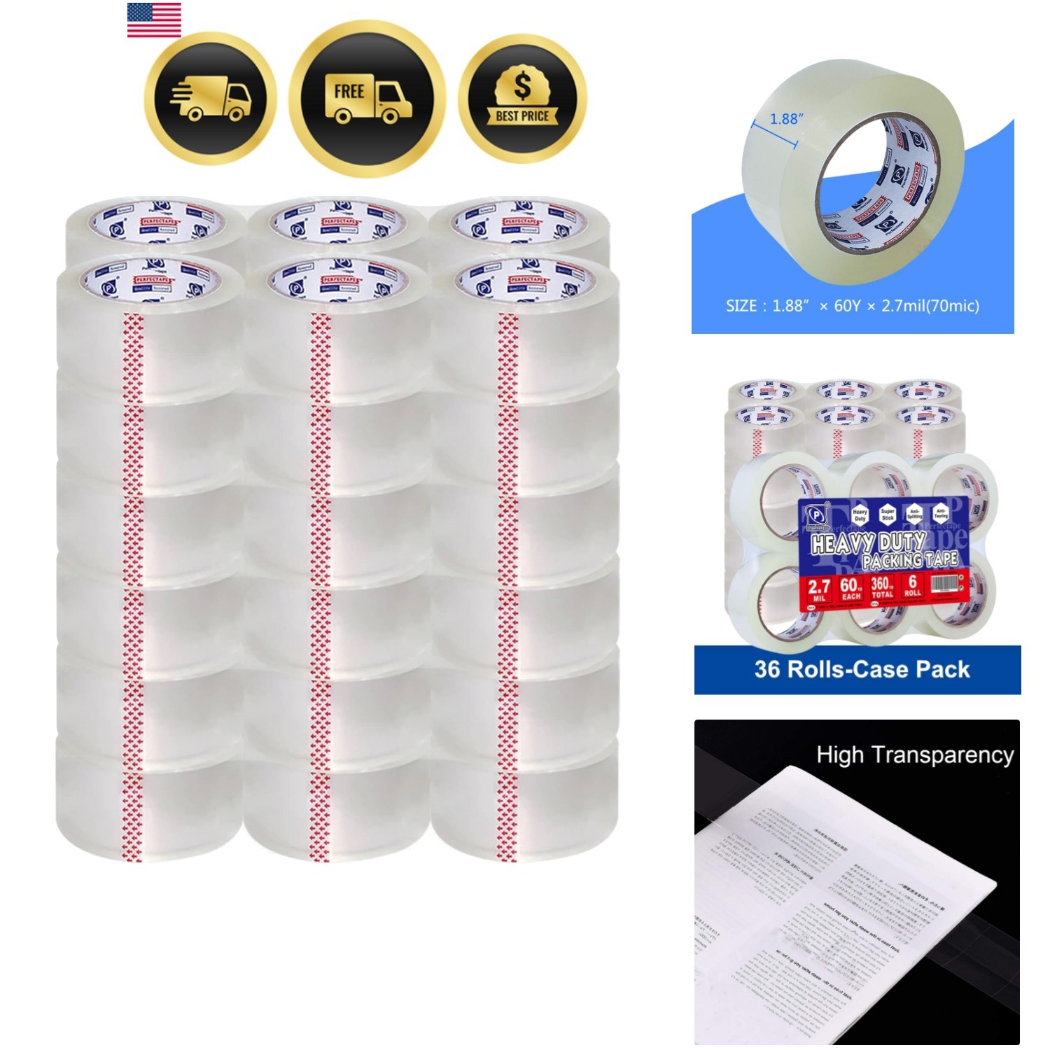 Heavy Duty Packing Tape 36 Rolls, Total 2160Y, Clear, 2.7 mil, 1.88 inch x 60…