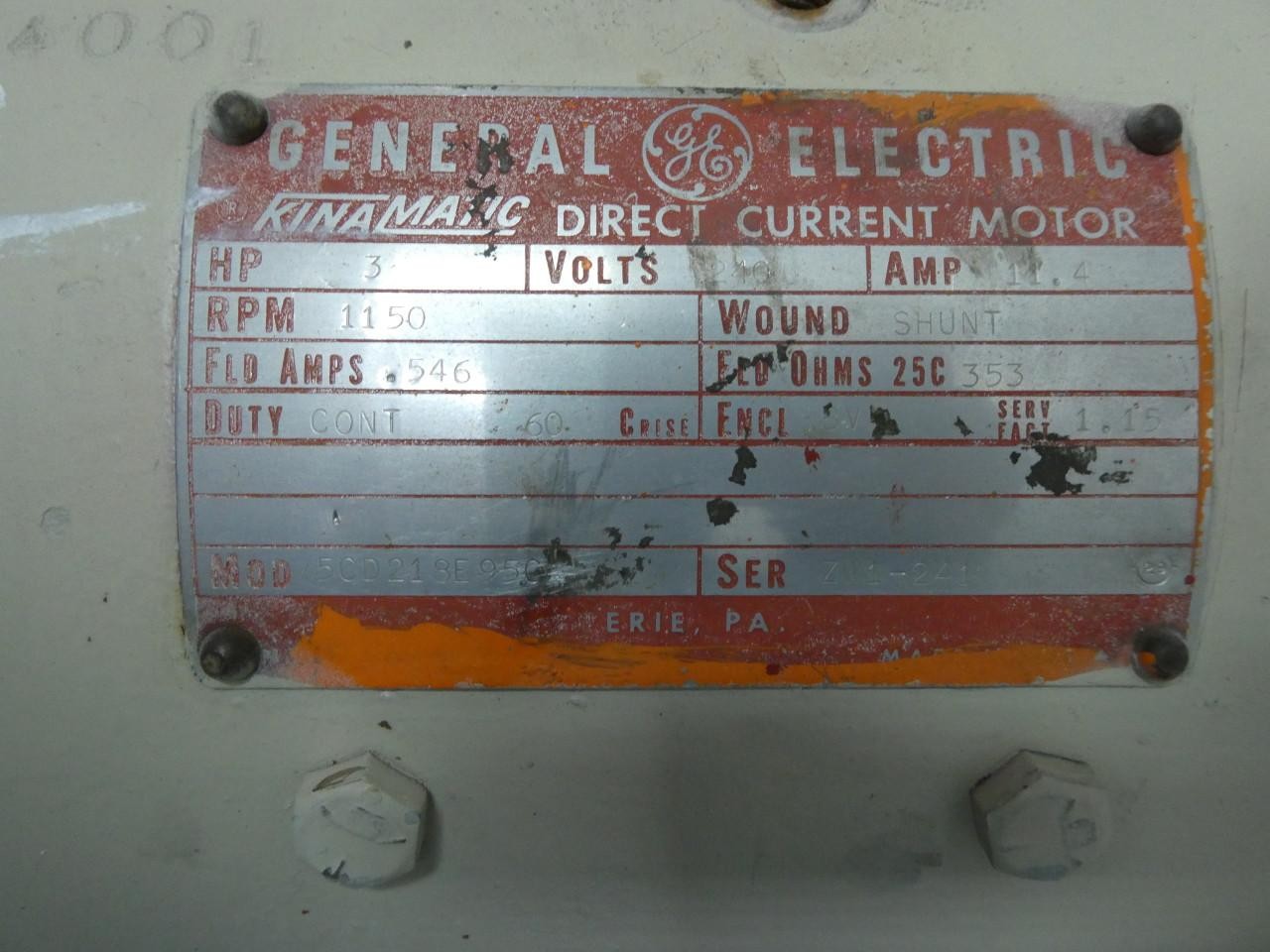 General Electric Ge 5CD218E95C Kinamatic Dc Motor 3hp 1150rpm 240v-dc