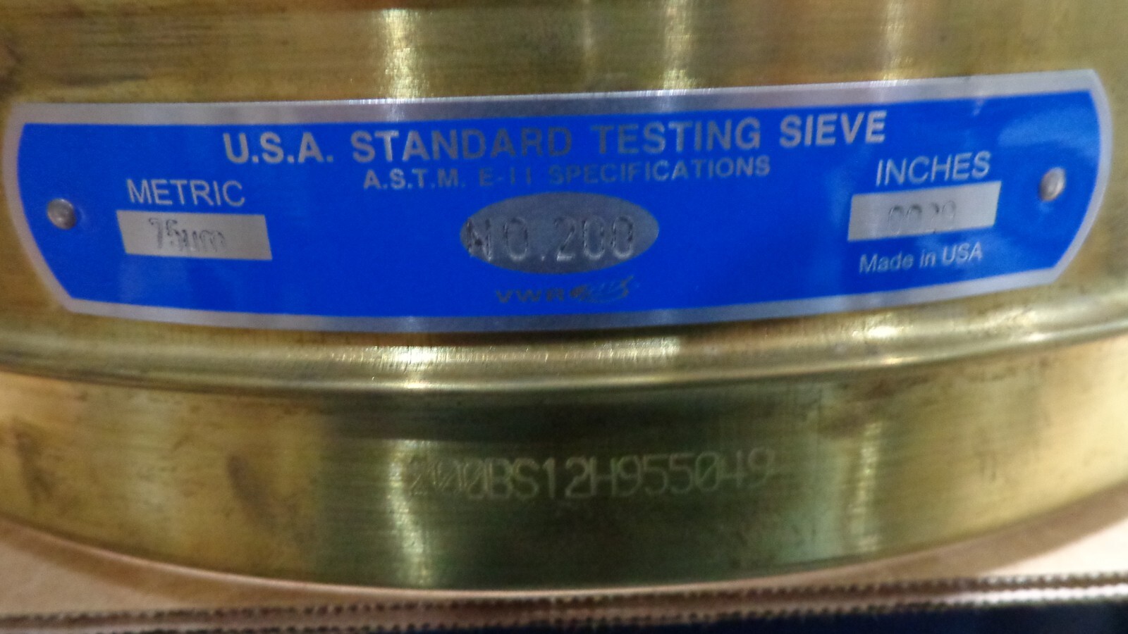 Test Sieve VWR # 200 / 75um USA Standard Sieve Half Height Brass/Stainless 12″