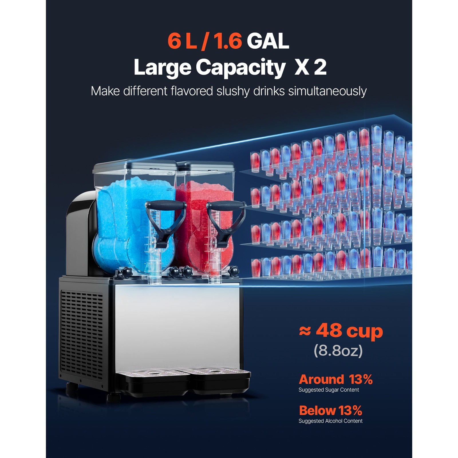 Slushie Machine, 6L/ 1.6Gal x 2 Tank Commercial Slushy Maker, Frozen Drink Maker