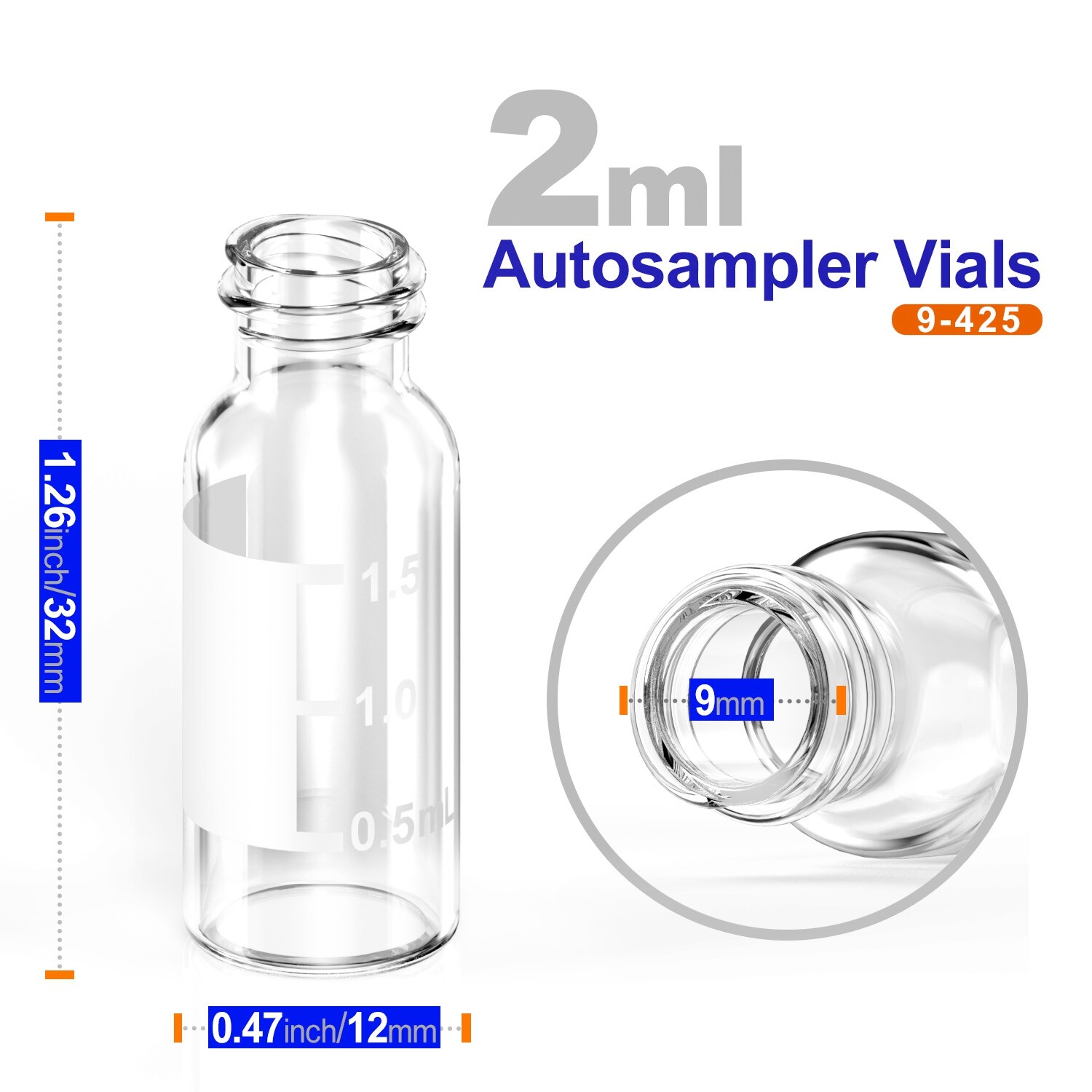 50000PCS 2ml Auto-Sampler Vials 9-425 Clear Glass Bottles Screw Top Writing Area