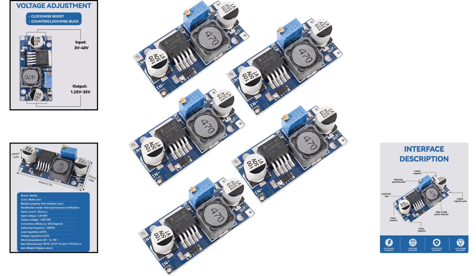 5-Pack Adjustable DC-DC Buck Converters 3-40V to 1.5-35V