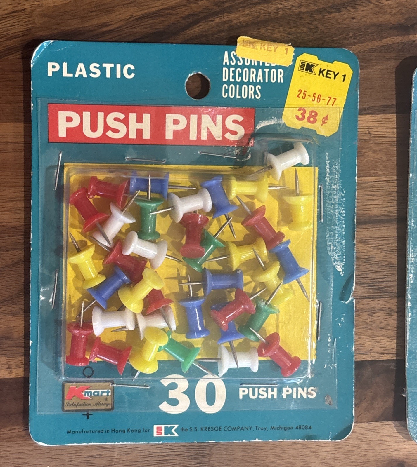 Vintage Kmart Push Pins 60 Ct (2×30) Hong Kong NOS 1970s Office Supply Sealed