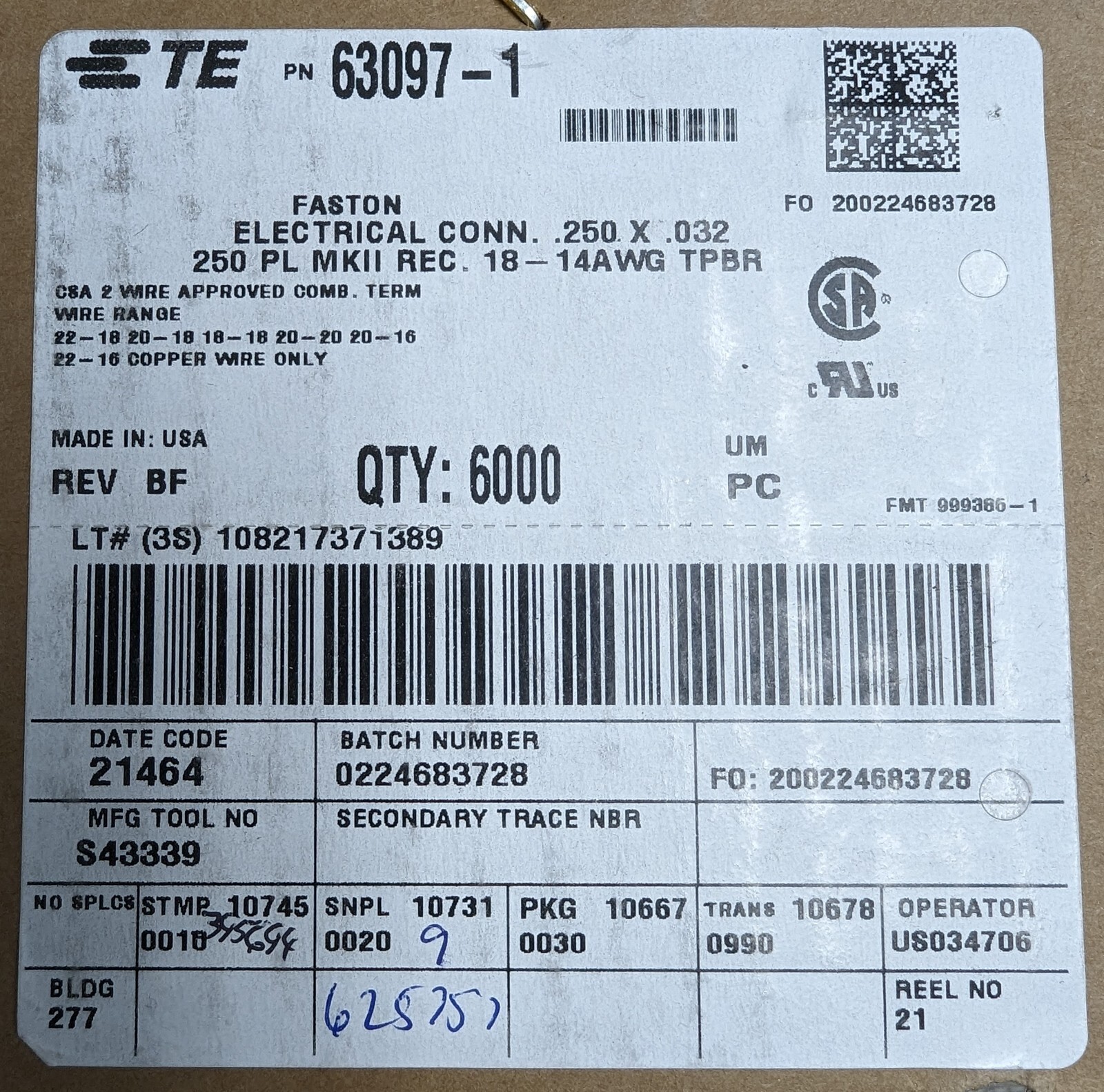 6000 TE Connectivity 63097-1 FASTON 250 Quick Connect Terminals 18-14AWG NEW
