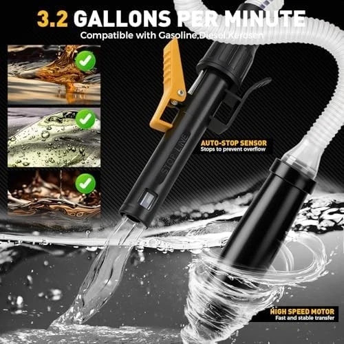 Battery-Powered Fuel Transfer Pump – 3.2 GPM No Spill New Version (Yellow)