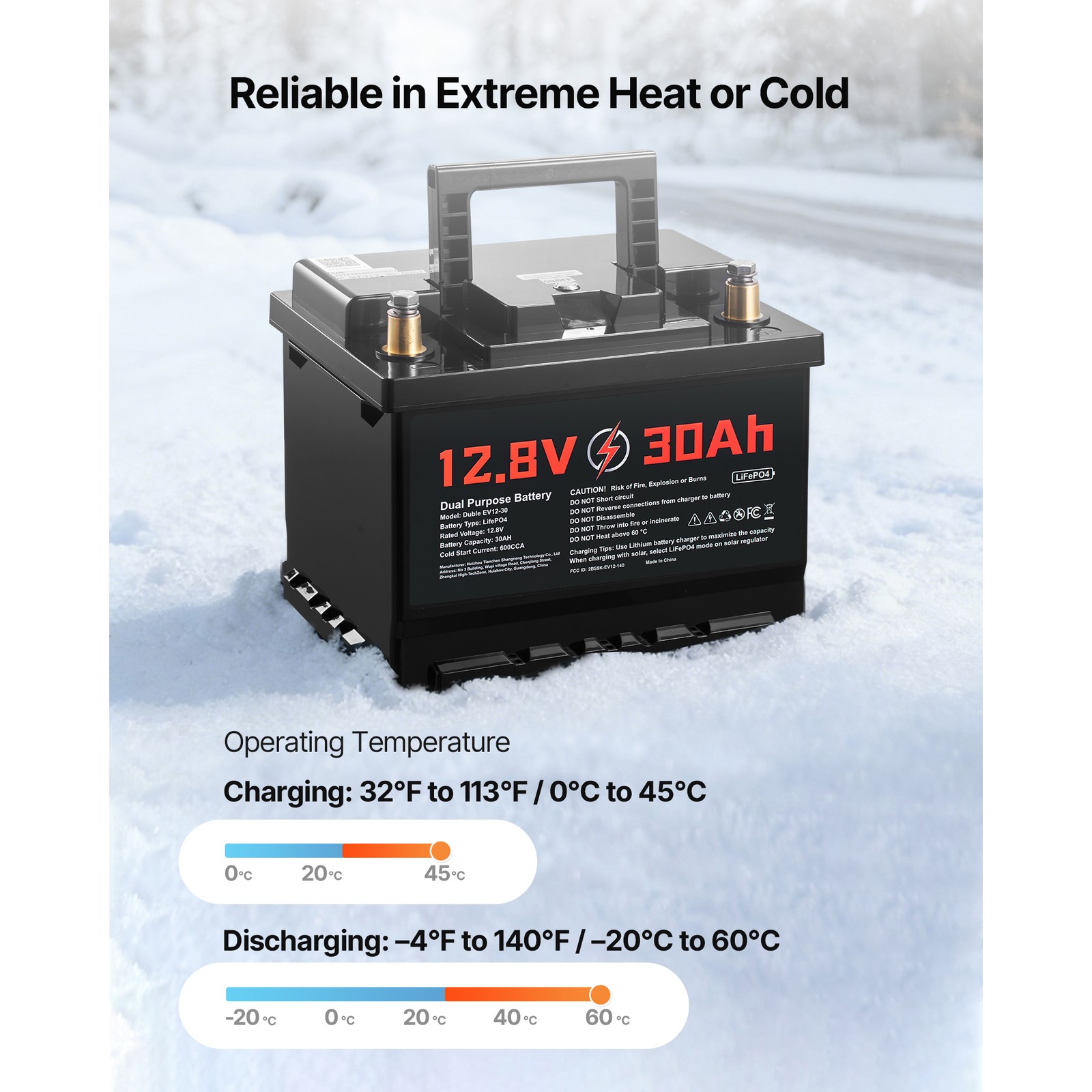12V 30Ah Dual Function LiFePO4 Lithium Battery with 600 CCA for Starting Cycling