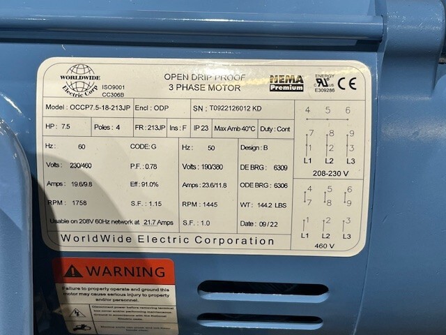 Worldwide close coupled motor, open drip proof, 7.5HP, 1800RPM, 230/460V, 213JP