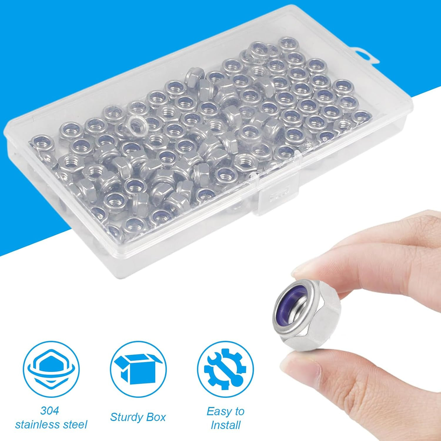 40PCS M8 Locknuts M8x1.25mm Nylon Insert Hex Lock Nuts 304 Stainless Steel Metri