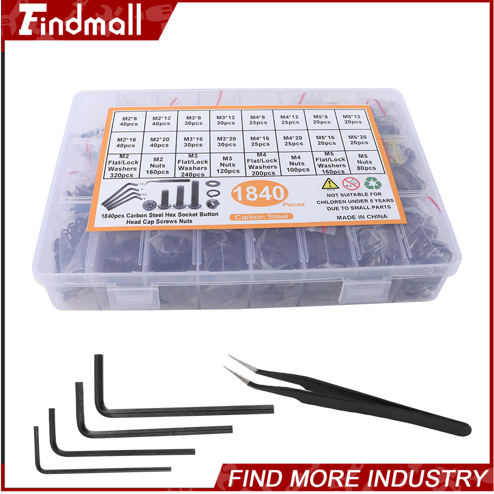Findmall 1840pcs M2-M5 Alloy Steel Metric Hex Button Head Cap Bolts And Nuts Kit