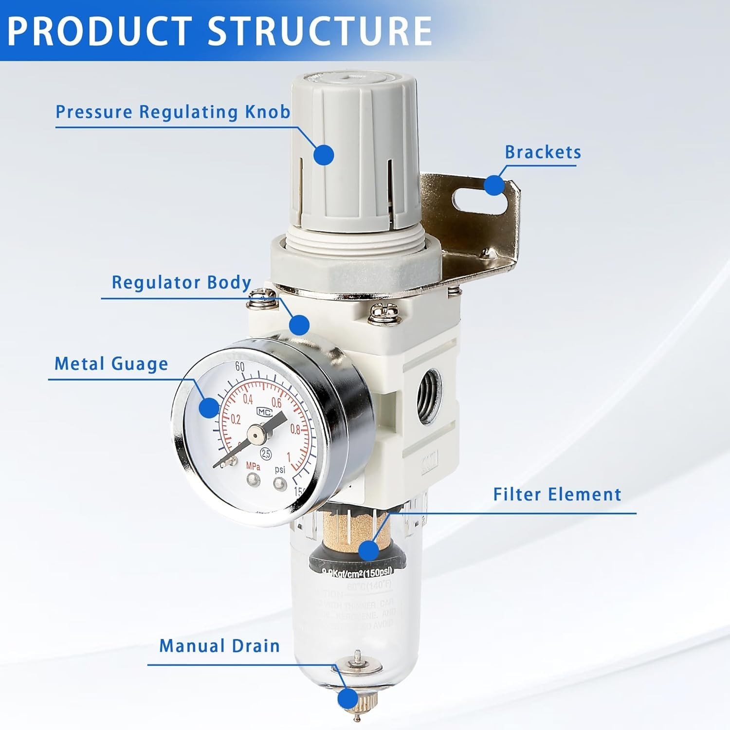 1/4″ NPT Compressed Air Filter Regulator Combo 5 µm,Semi-Auto Drain,0-150 PSI