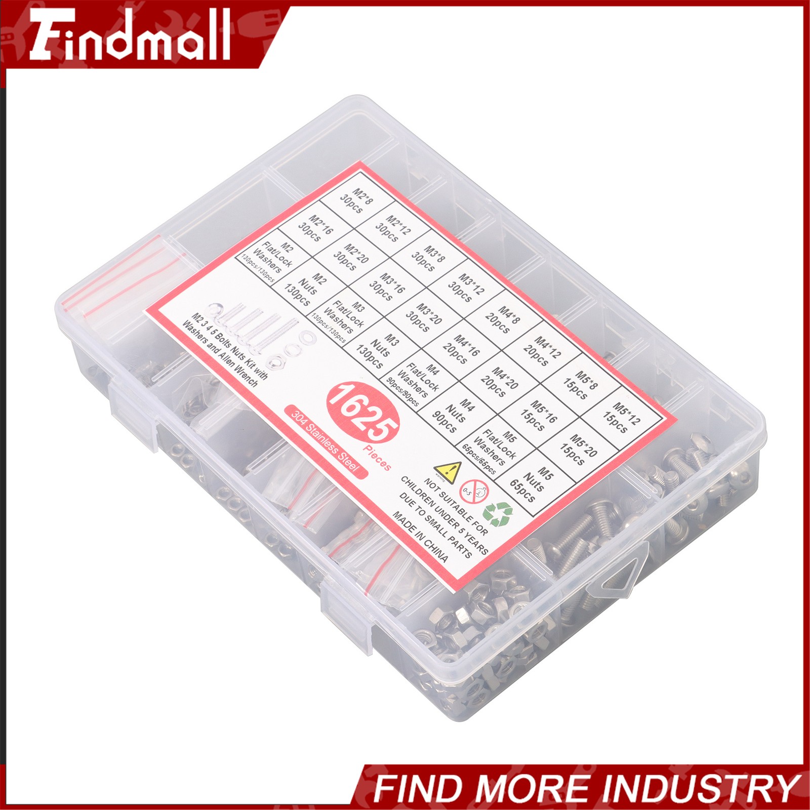 1625Pcs M2 M3 M4 M5 Metric Screw Assortment,304 Stainless Steel Bolts and Nuts