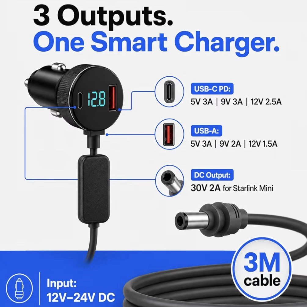 Starlink Mini Car Charger Power Adapter 12V/24V to 30V DC + USB-C PD 10FT Cable