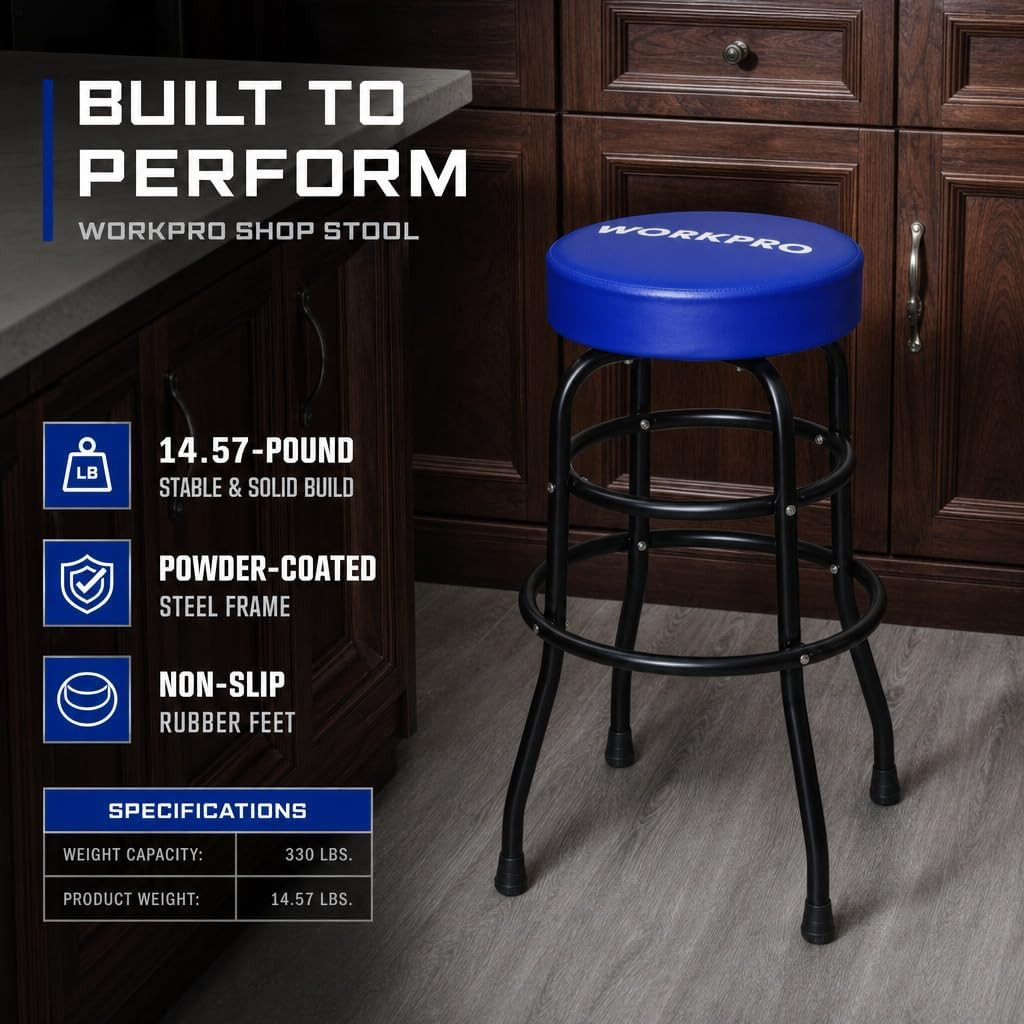 W112003 Garage Shop Stool, Heavy-Duty Steel Construction Garage Stool, Swivel Cu