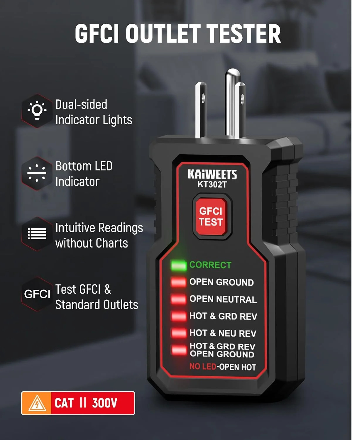 KAIWEETS KT302T Outlet Tester with GFCI Test, Dual-Sided LED Receptacle Tester D