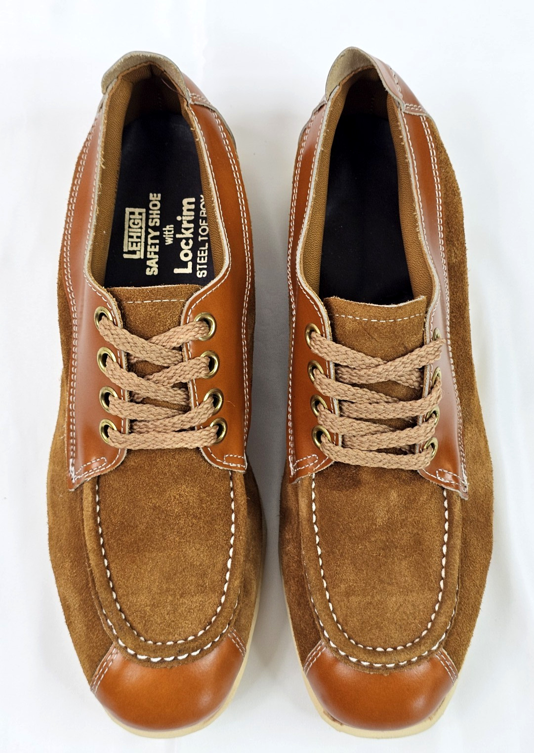 Lehigh Safety Shoe w Lockrim Steel Toe Box Men 9.5M, 2-Tone Tan Suede Leather
