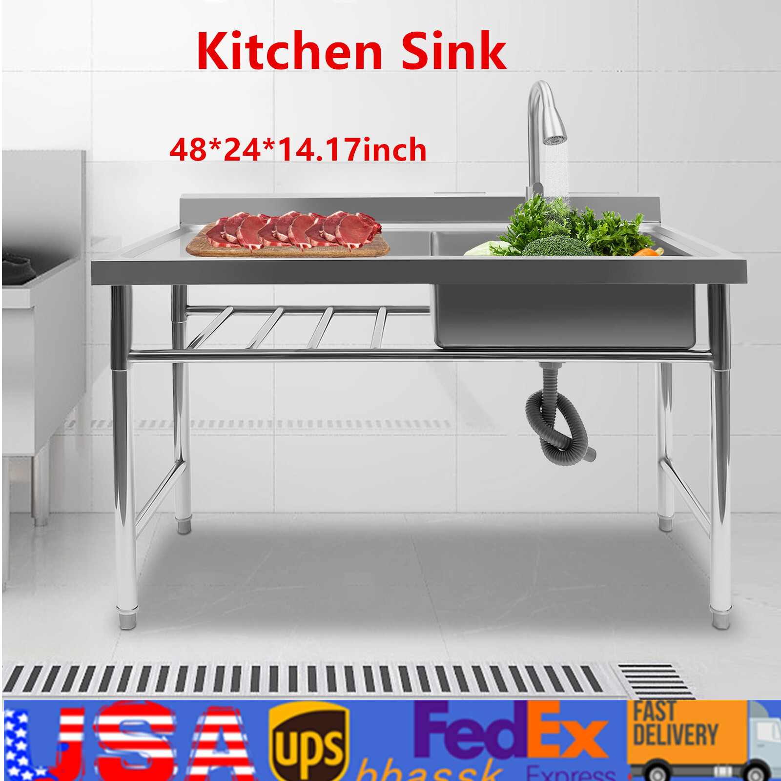 1 Compartment Kitchen Sink Prep Table w/ 360°Faucet Commercial Stainless Steel