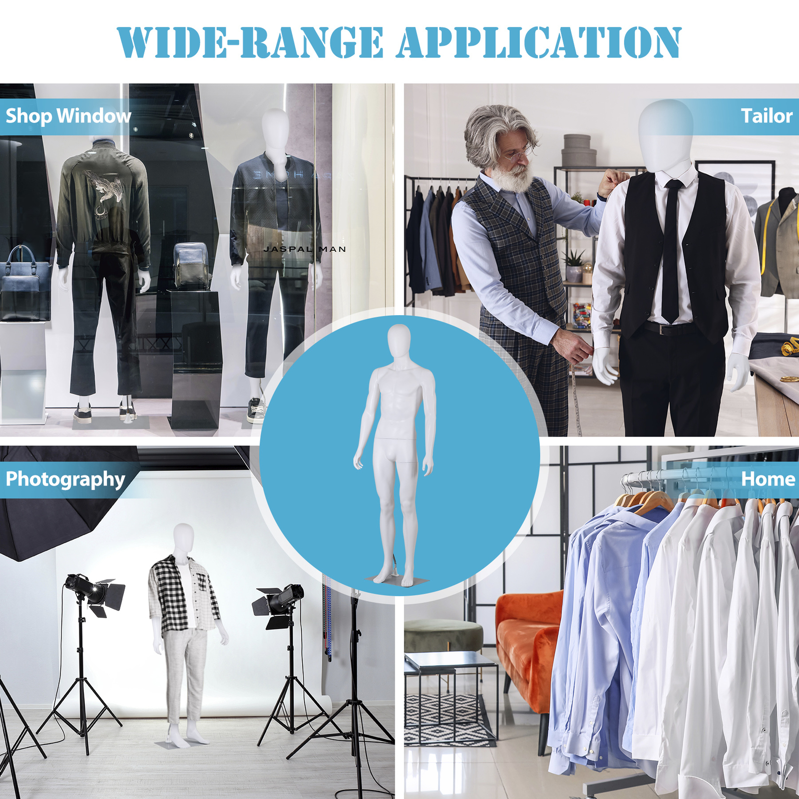Male Mannequin Dress Form 73″ Adjustable Stand w/Base White Mannequin Full Body
