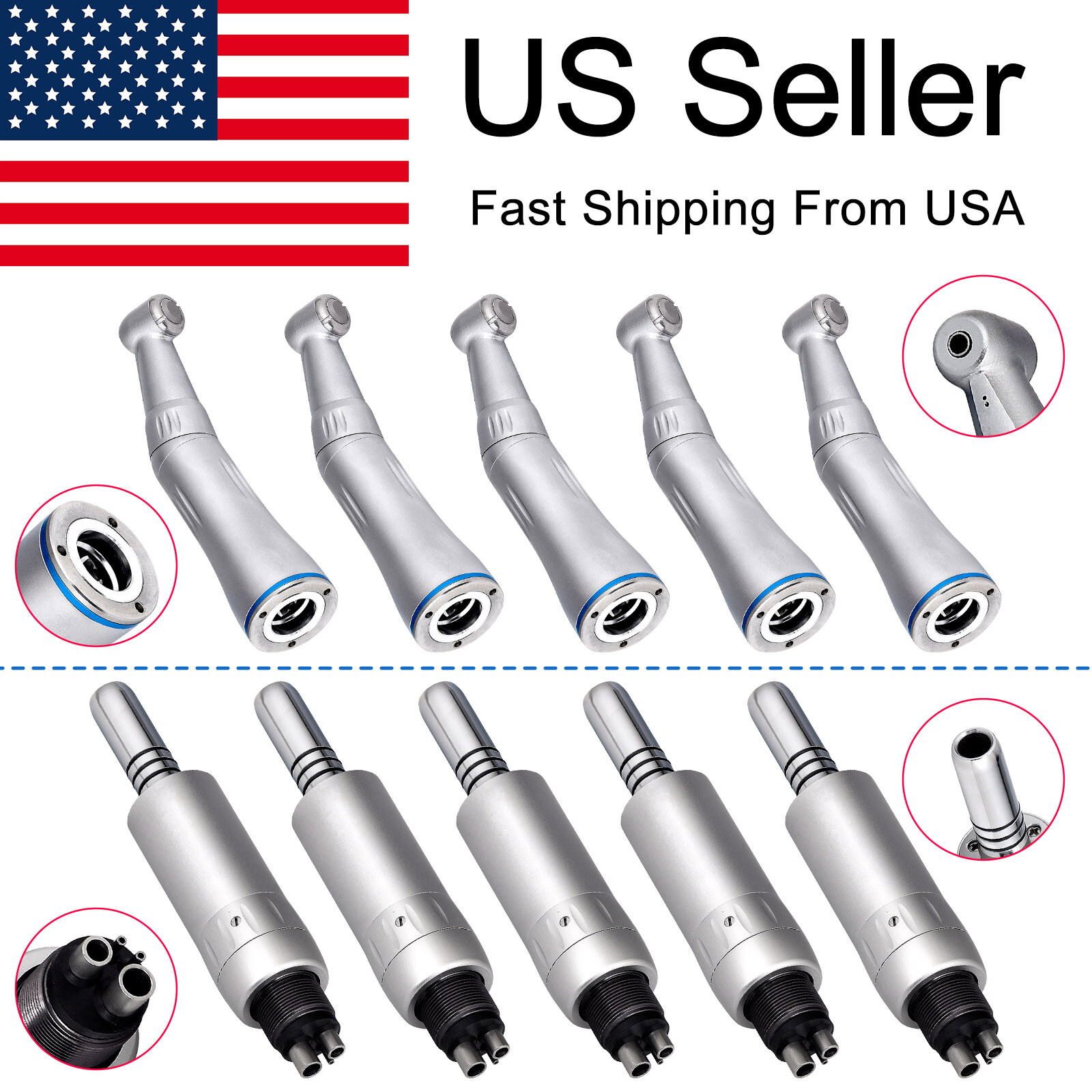 Dental Low Speed Handpiece Contra Angle & External Water Spray Air Motor 4 Hole