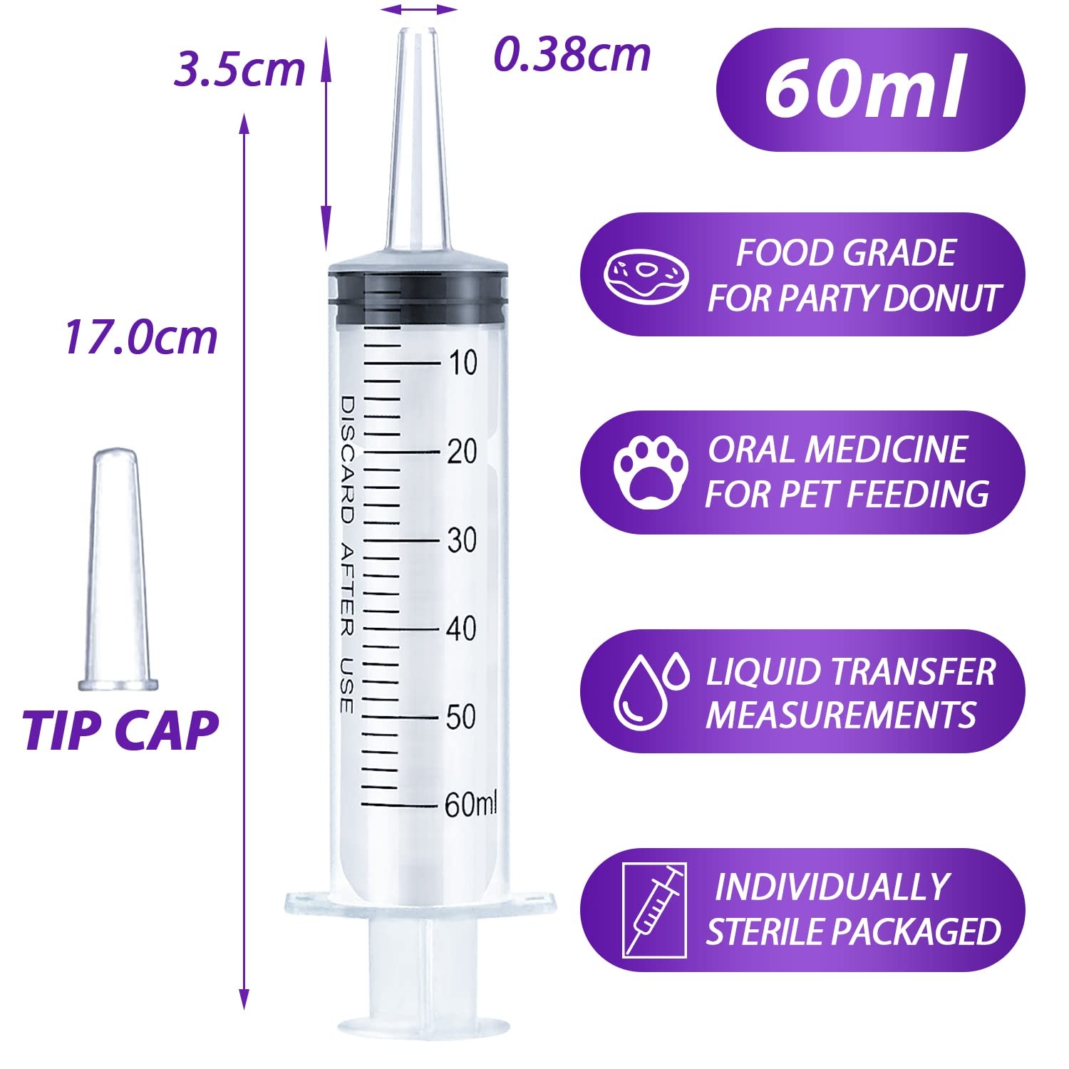 60ml Syringe for Liquid, Oral, Scientific Labs, Measurement, 60 ml, 3 pack