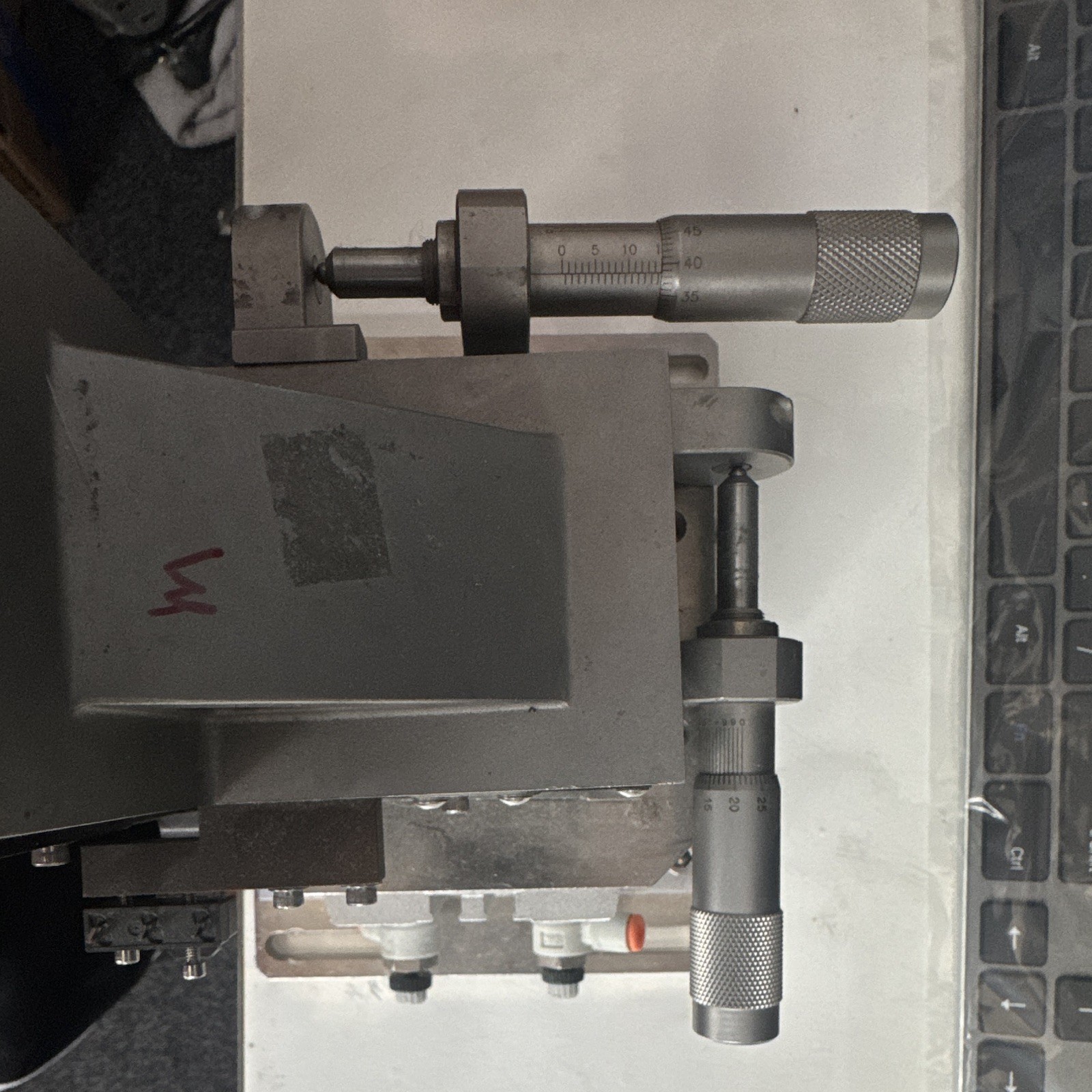 Newport 462 Dual-Axis Tilt Stage w/ 2 Micrometers & SMC MGF40-30 Cylinder