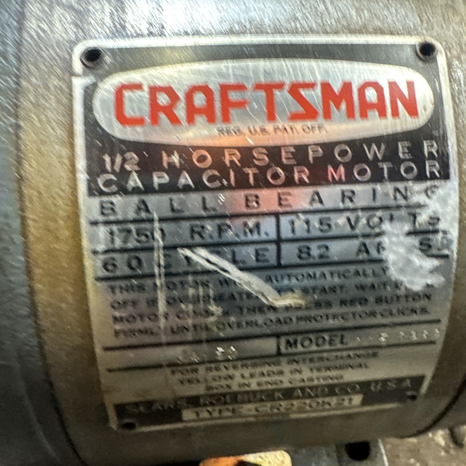 CRAFTSMAN 1/2 Hp Electric Motor 1750 RPM 115V 8.2 AMP Model 115.6962 Read Ad