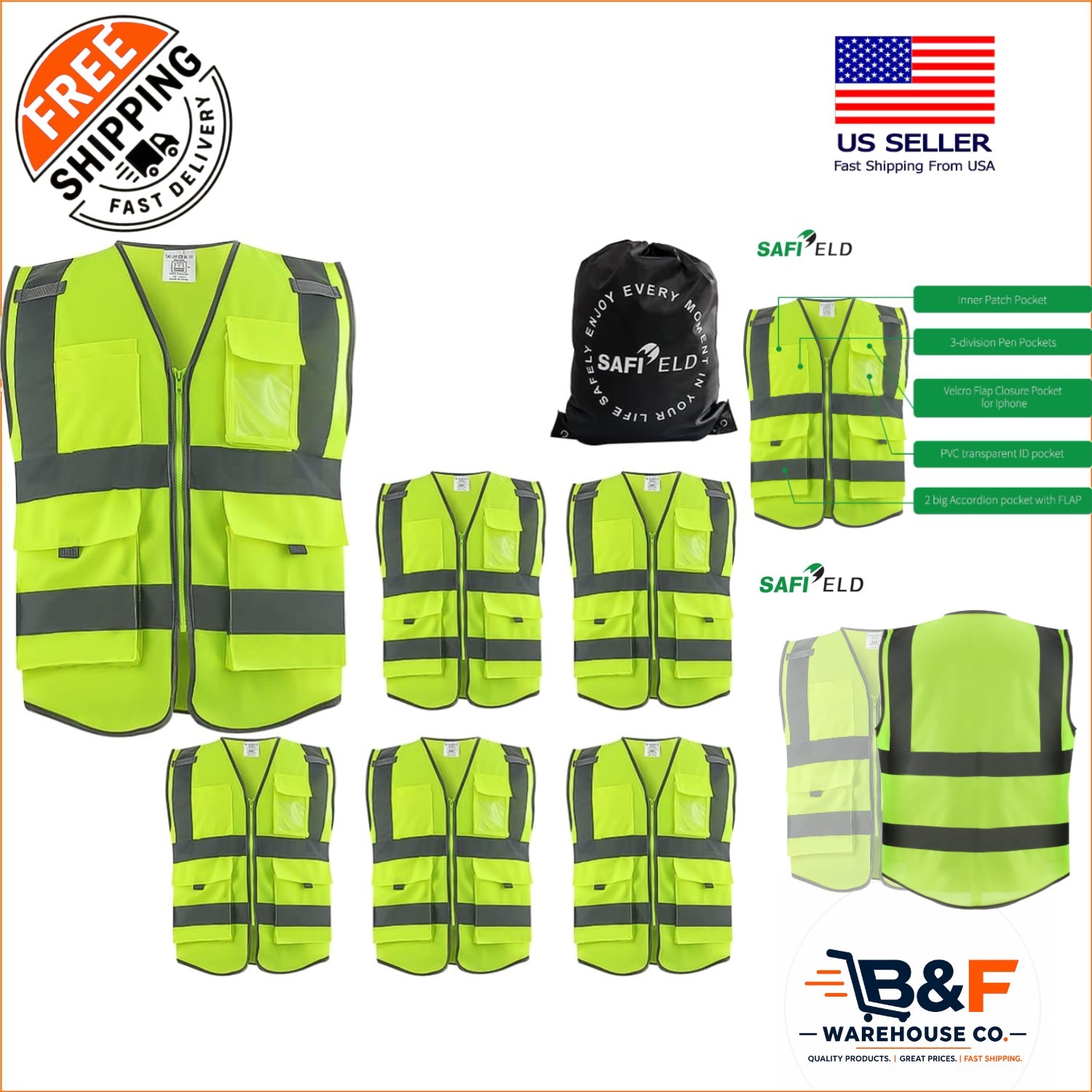 High Visibility Safety Vests 6-Pack with Free Drawstring Bag – Unisex, Durable