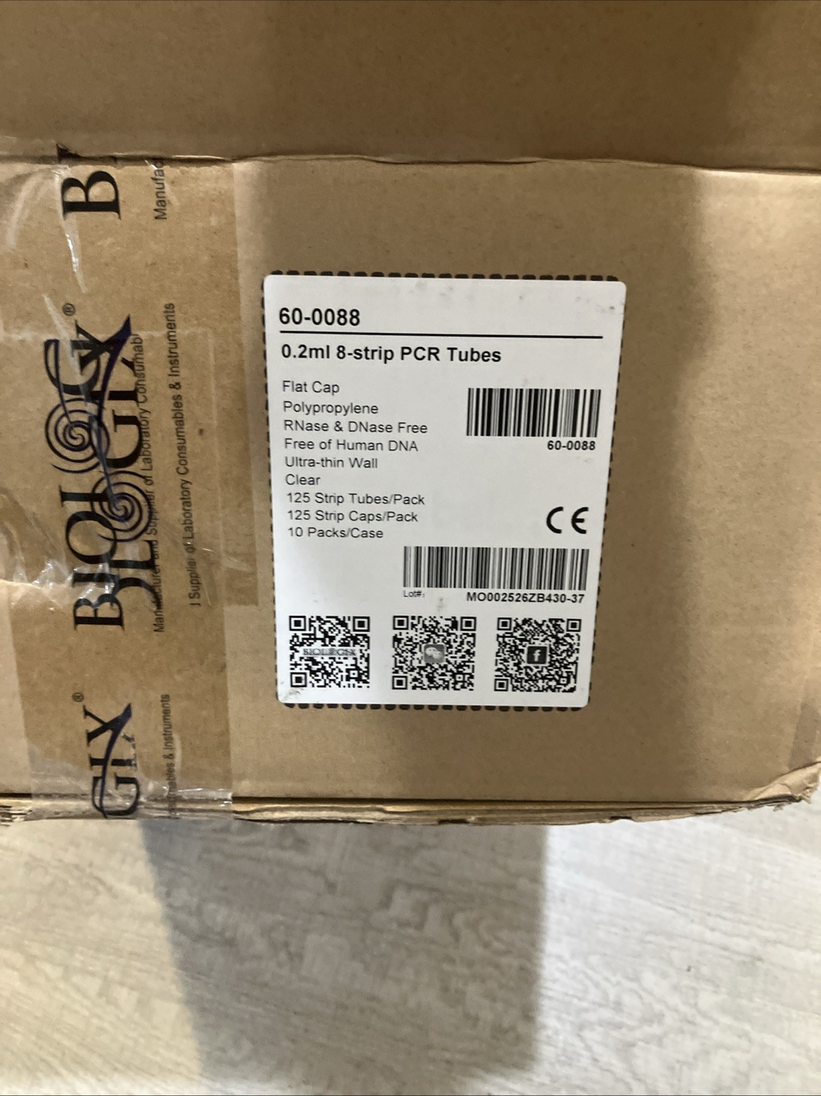 Biologix 60-0088 0.2ml 8-Strip PCR Tubes w/Flat Caps Clear 125/Pk RNase DNase Fr