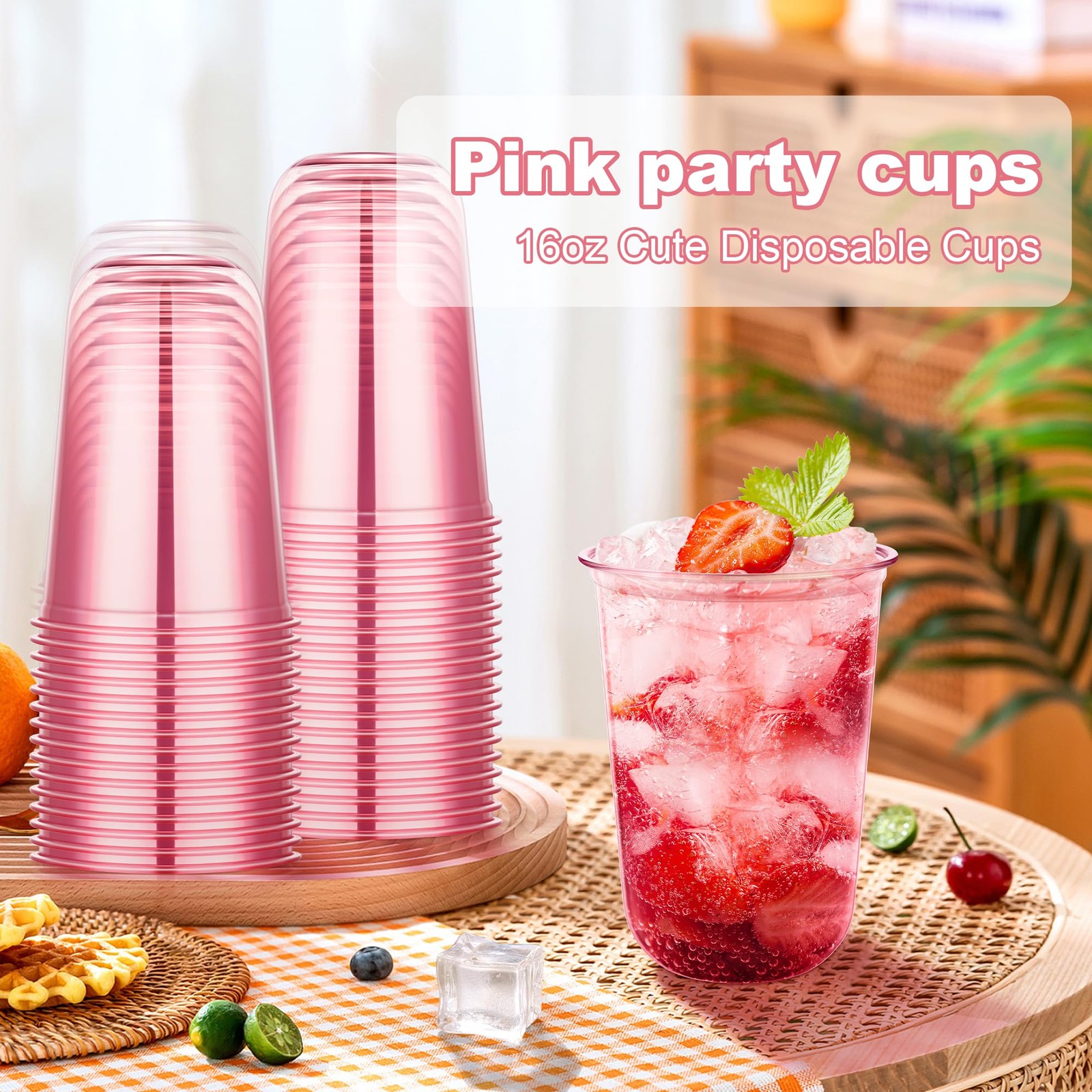 50 Pcs Pink Plastic Cups, 16oz Disposable Stemless Wine Glasses Pink Clear Dr…
