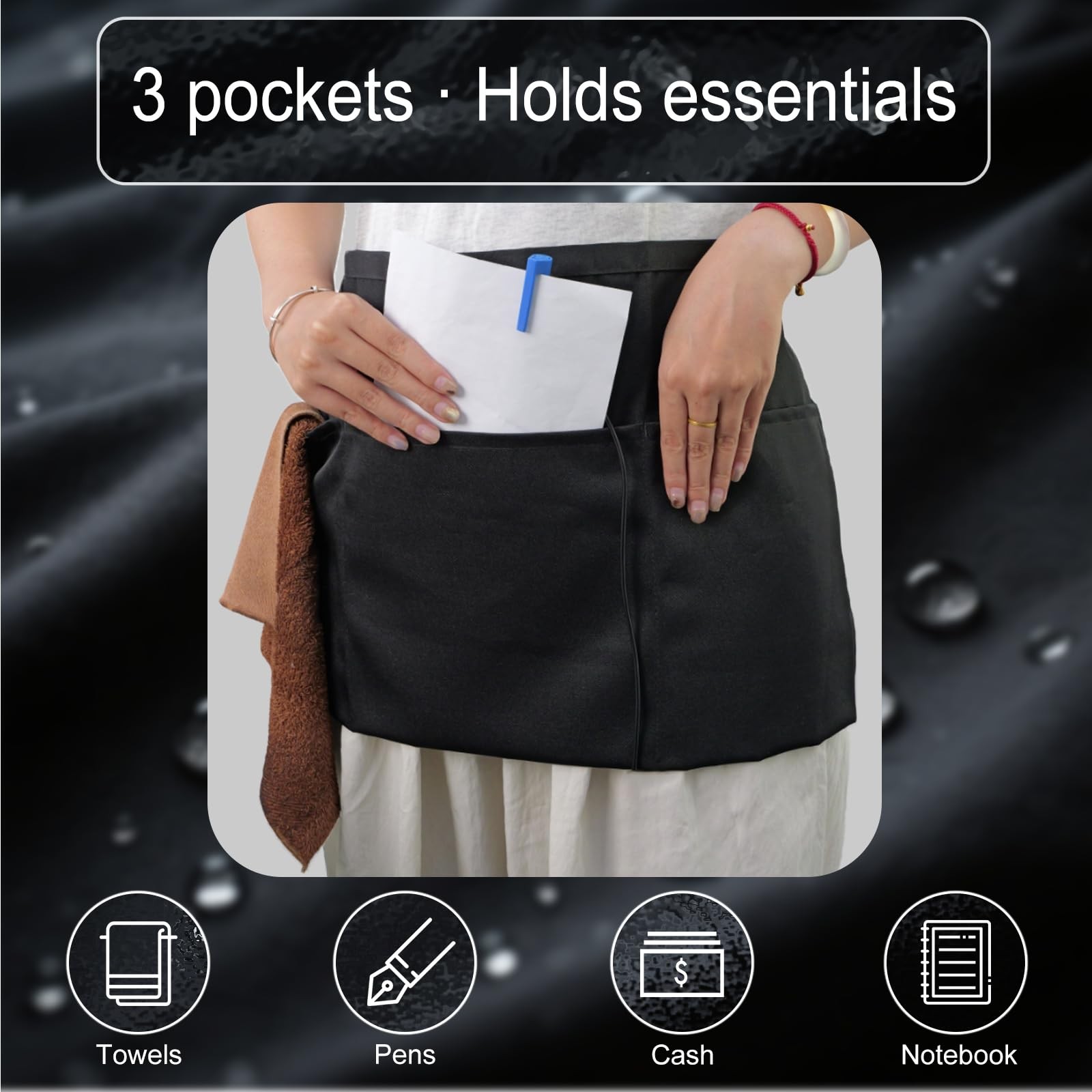2 Pack Server Apron – Waist Half Aprons for Waitress with 3 Pockets, Black Short