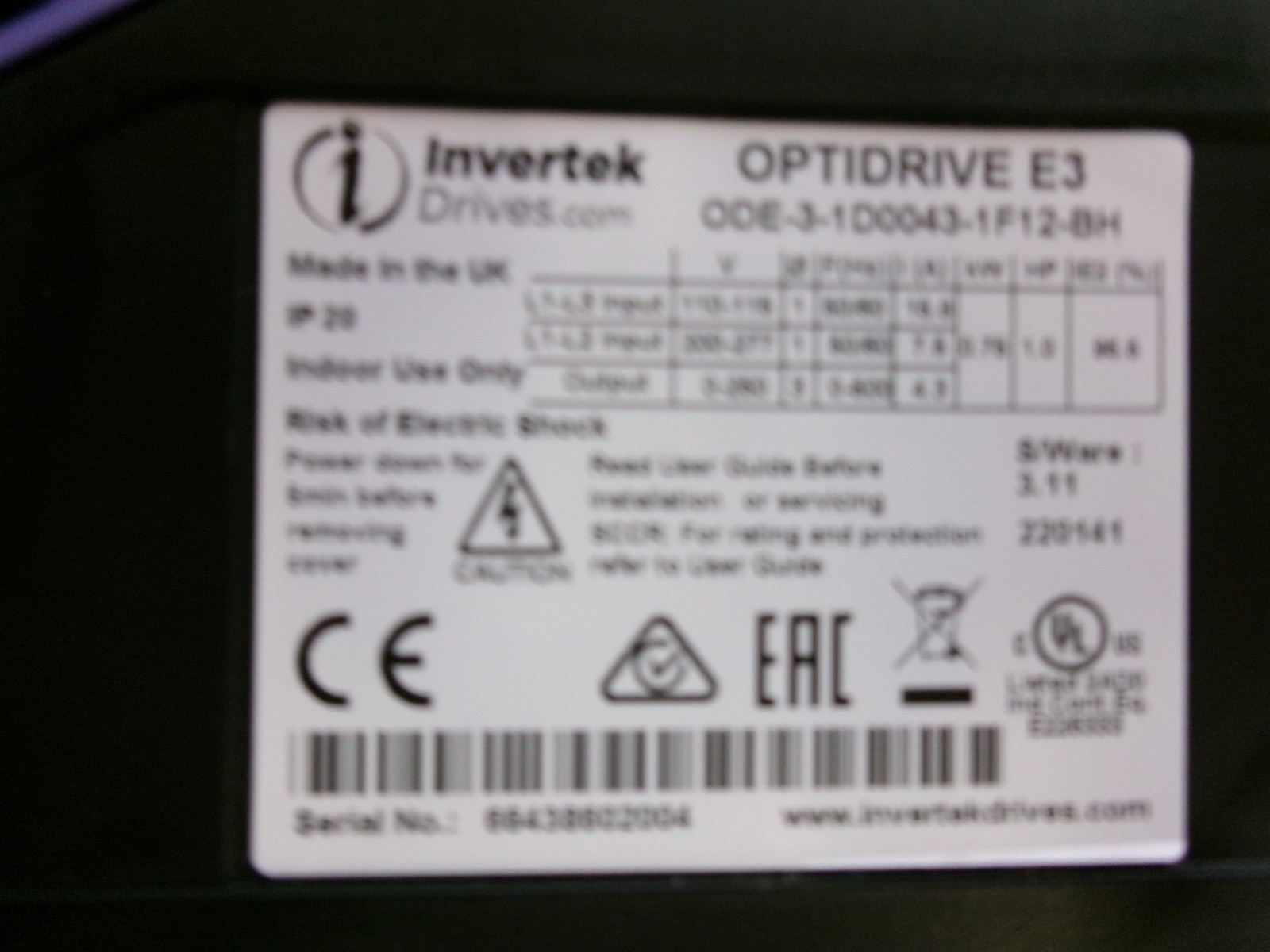 Invertek OPTIDRIVE E3 VFD Drive 1HP 0.75kW ODE-3-1D0043-1F12-BH