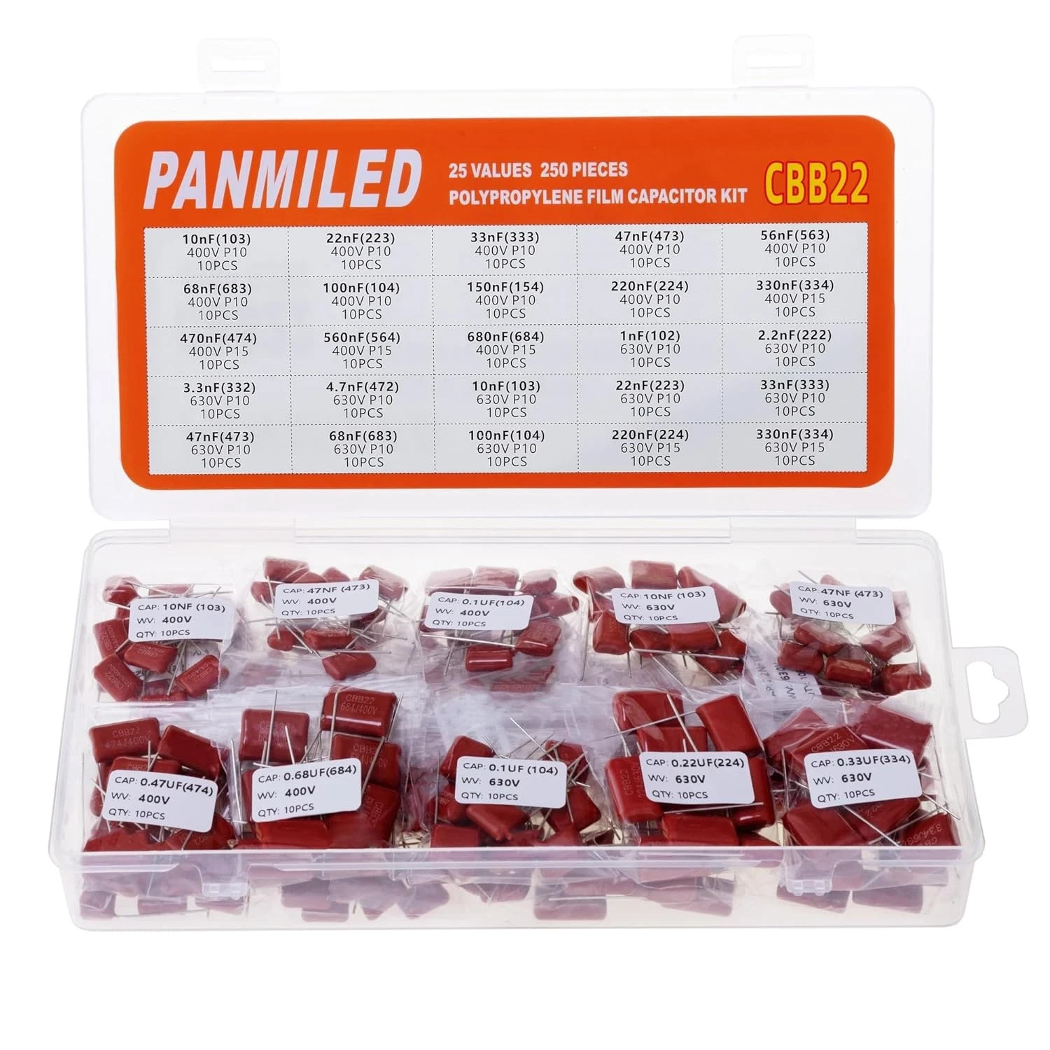 25 Values 250 Pieces Metallized Polypropylene Film Capacitor Kit 400V (0.01Uf ~