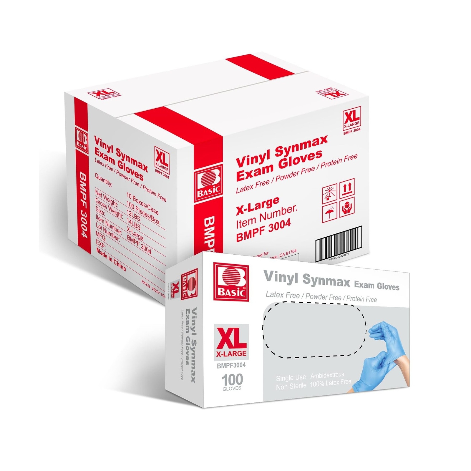 Basic Medical Synmax Vinyl Exam Gloves – Latex-Free & Powder-Free – X-Large, …