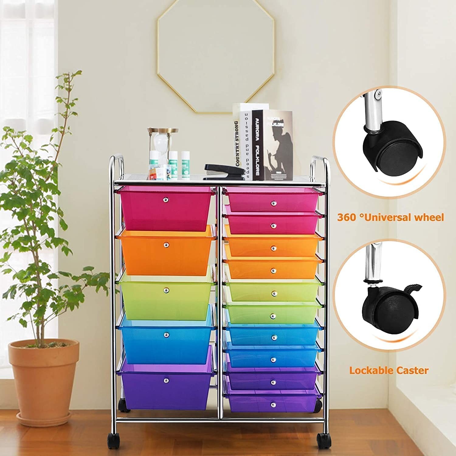 COSTWAY 15 Drawer Rolling Storage Cart, Mobile Utility Cart with Rainbow