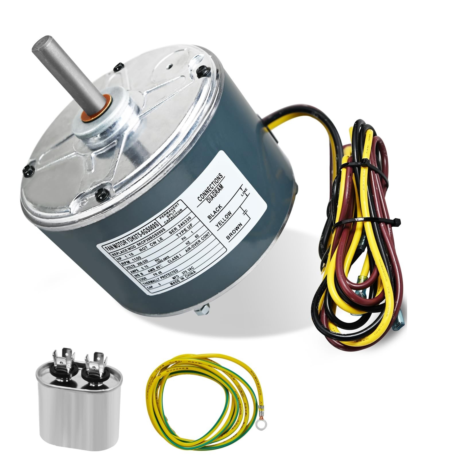 Condenser Fan Motor Replacement 1/10HP 0.75A 1100RPM 208-230V + Capacitor