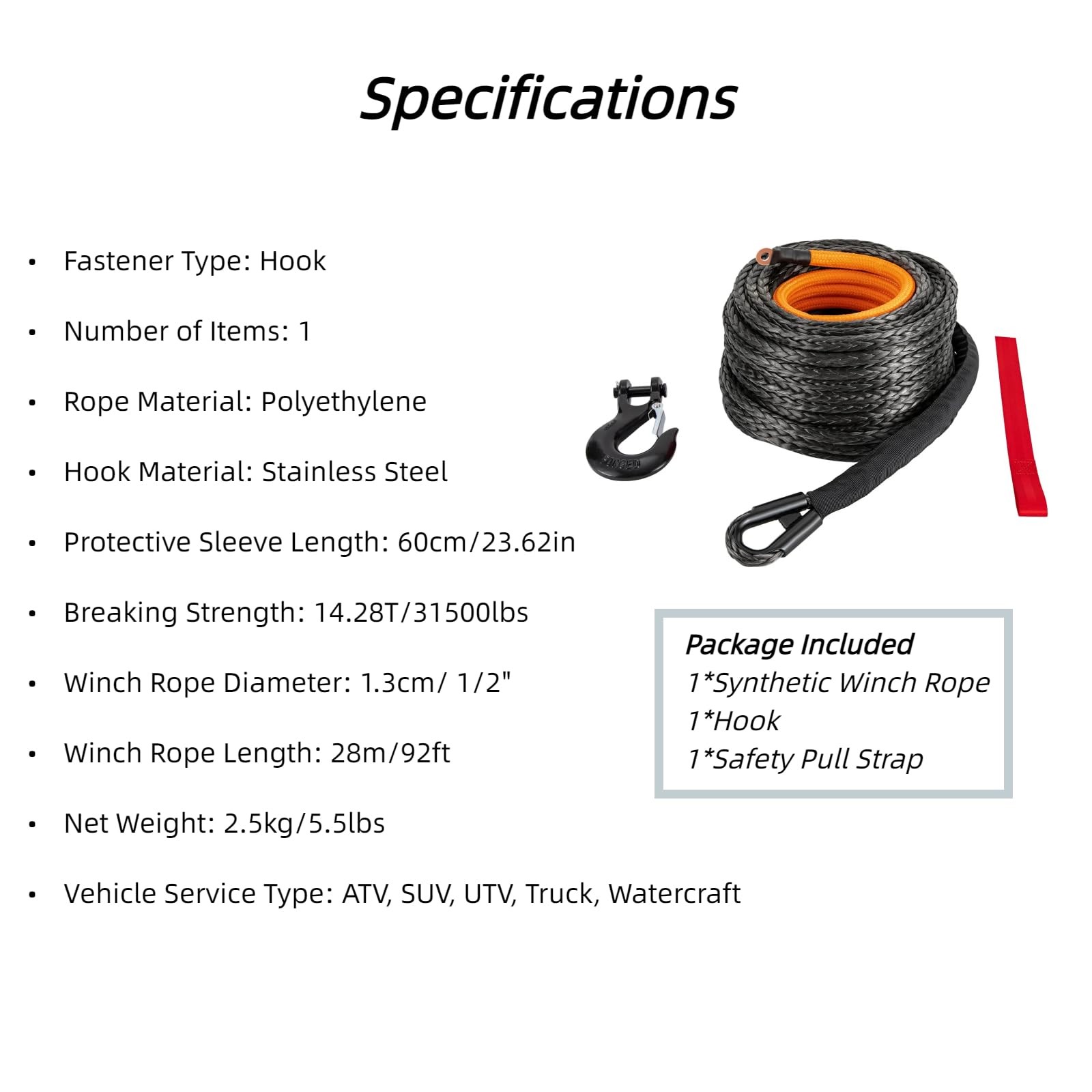Synthetic Winch Rope 1/2″ x 92ft 31500lbs Dyneema Sleeve Hook Truck ATV SUV