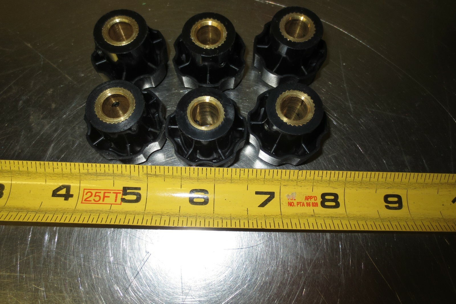 Lot of 6 Plastic Turn Knobs 1.20 OD, 3/8 Brass Bore set screw in side.