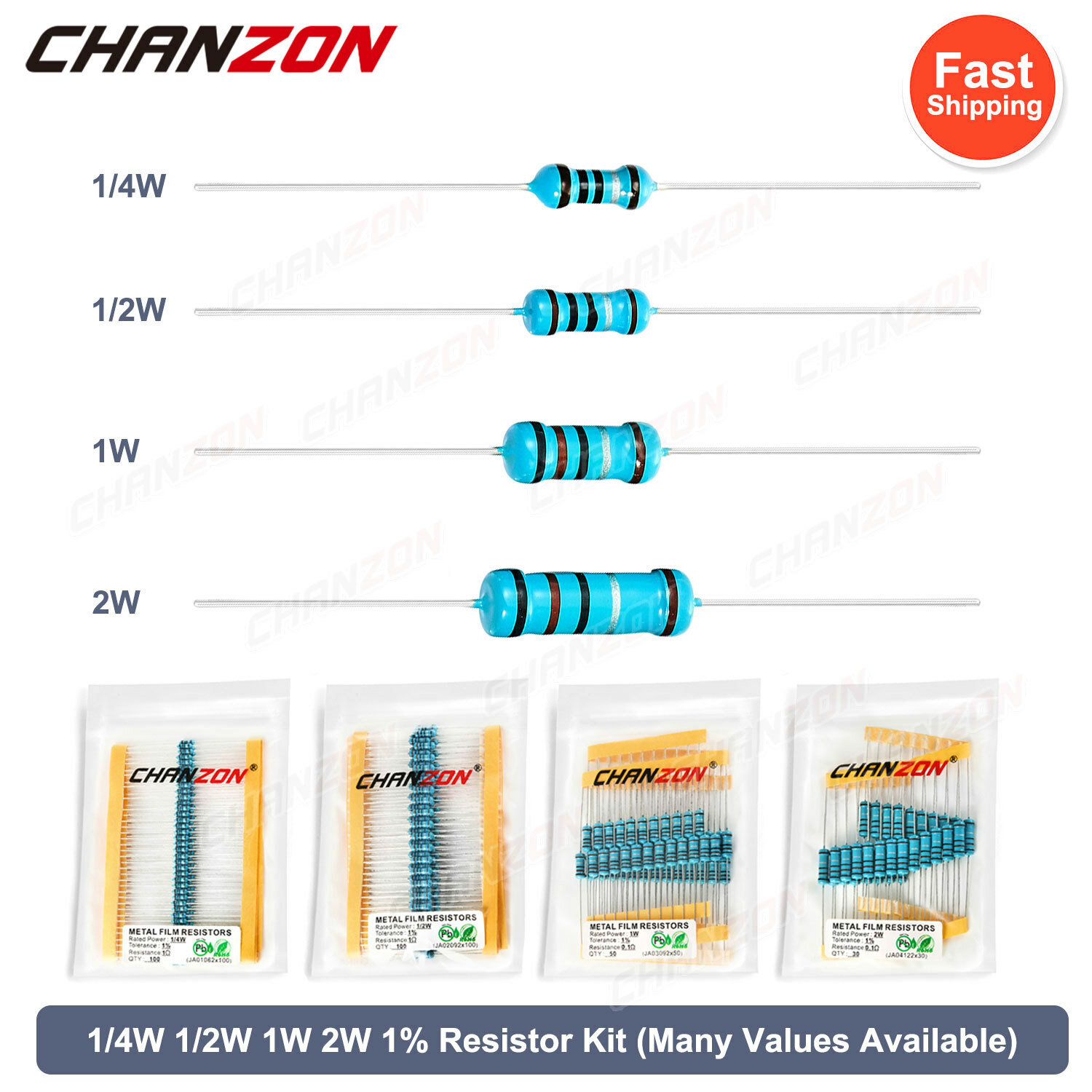 1/4W 1/2W 1W 2W Watt 1% Metal Film Resistor Assortment Kit Set 1 Ohm – 4.7M Ohm